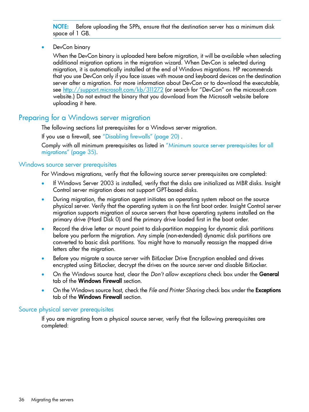 HP PART NUMBER: 461487-401A manual Preparing for a Windows server migration, If you use a firewall, see Disabling firewalls 