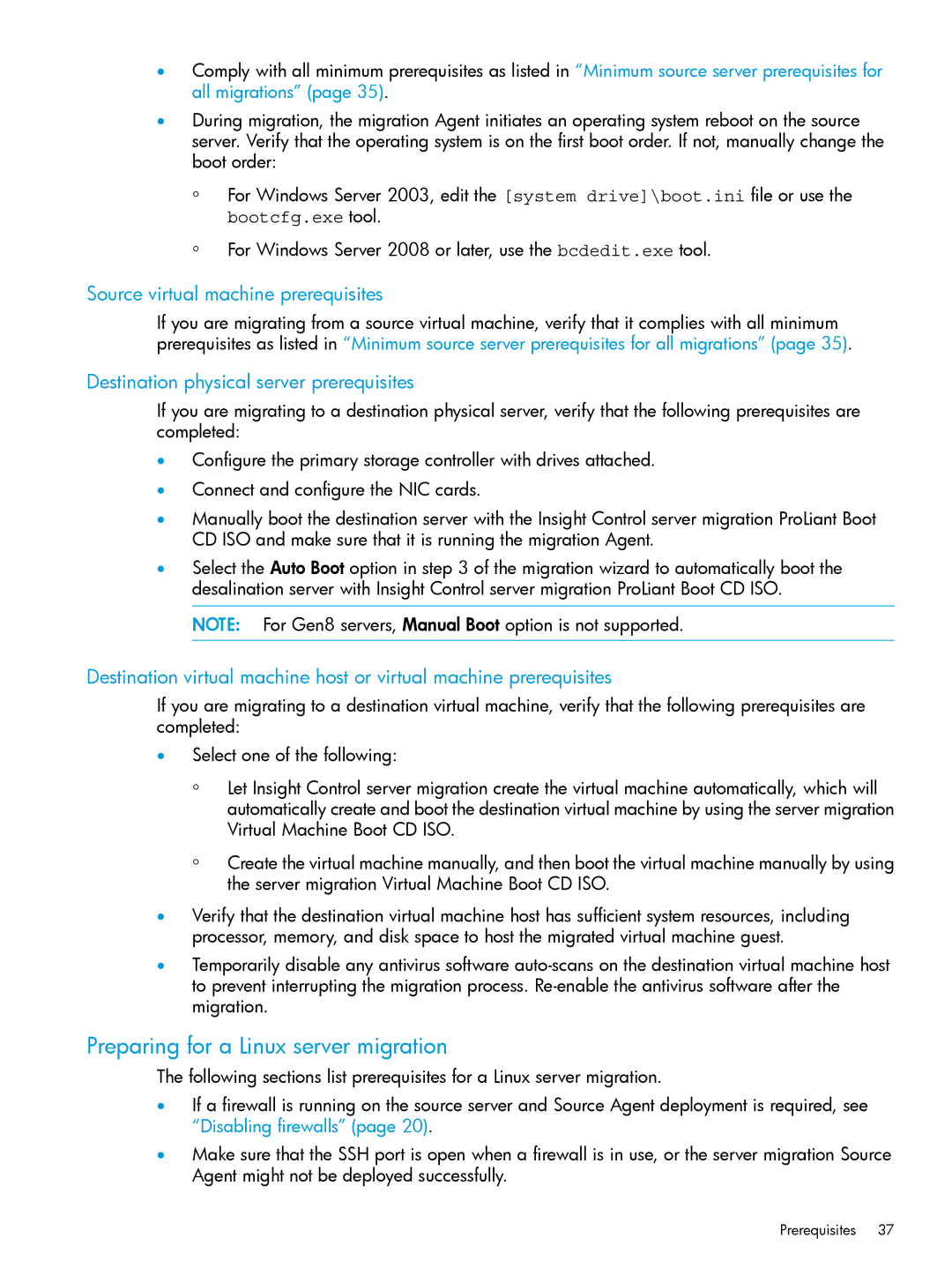 HP PART NUMBER: 461487-401A manual Preparing for a Linux server migration, Source virtual machine prerequisites 