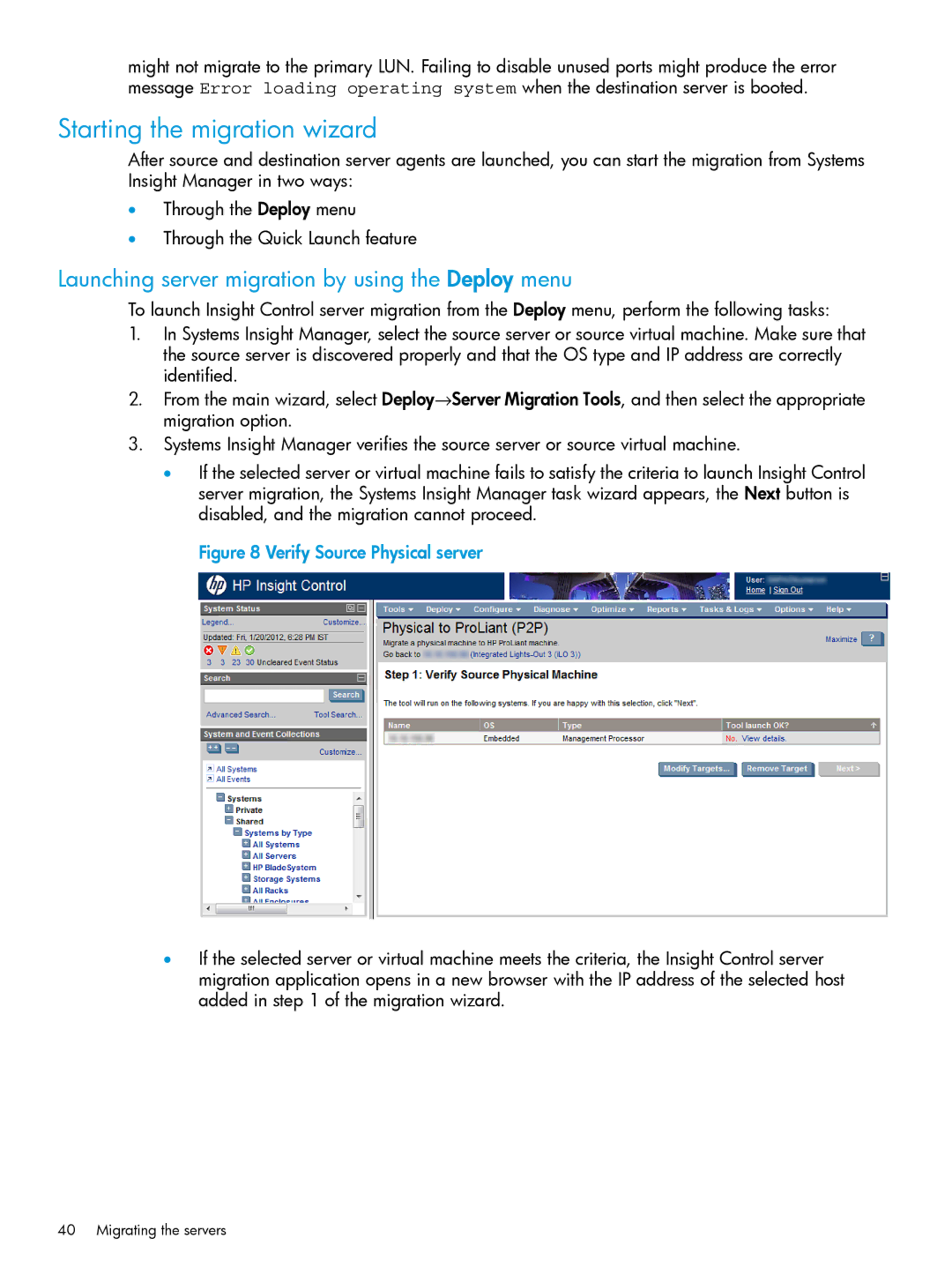 HP PART NUMBER: 461487-401A manual Starting the migration wizard, Launching server migration by using the Deploy menu 