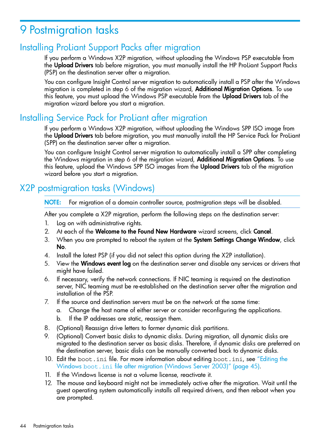 HP PART NUMBER: 461487-401A manual Postmigration tasks, Installing ProLiant Support Packs after migration 