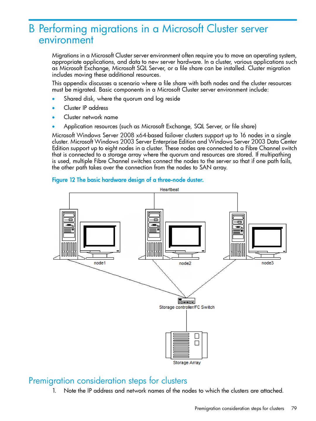 HP PART NUMBER: 461487-401A Premigration consideration steps for clusters, Basic hardware design of a three-node duster 