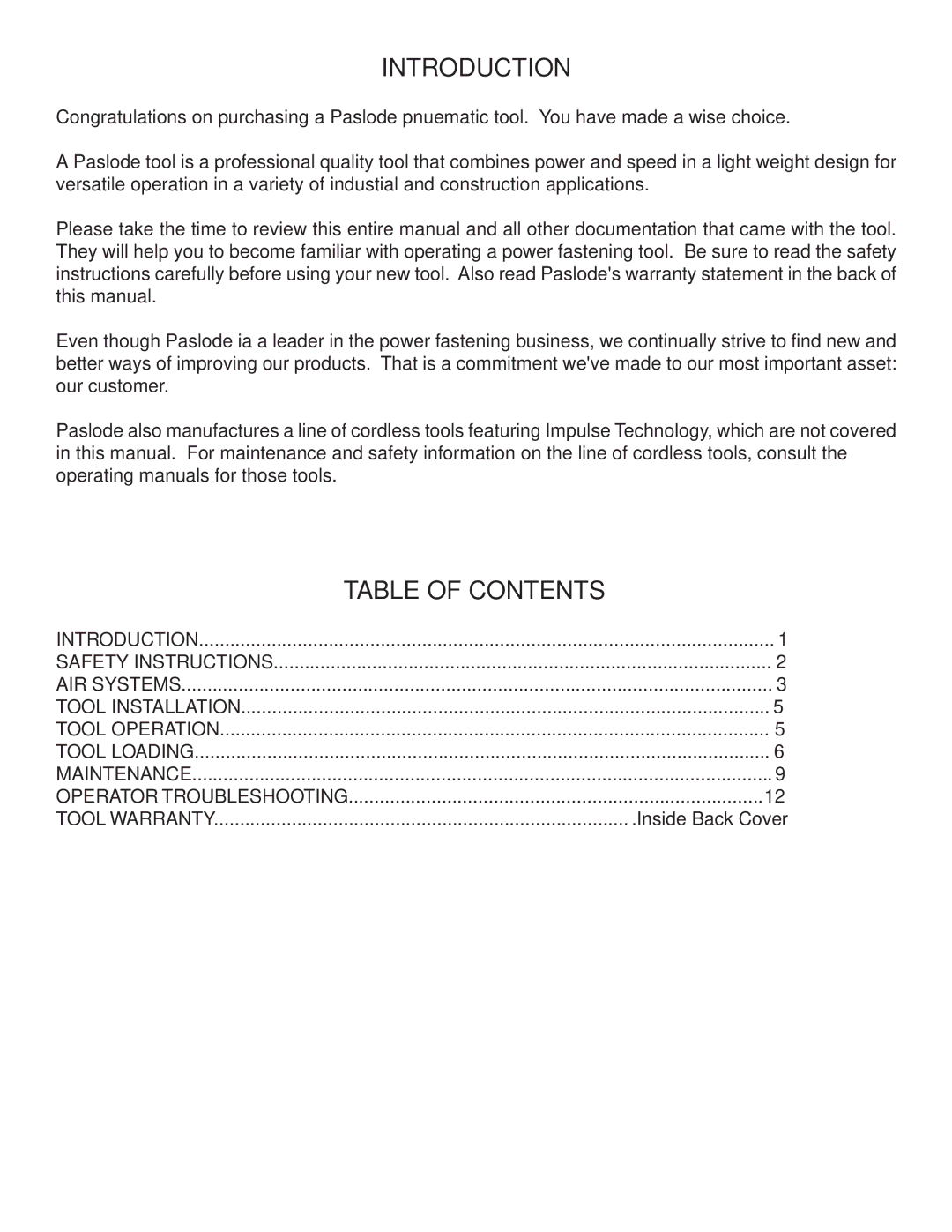 HP Paslode 403606-10 manual Introduction, Table of Contents 