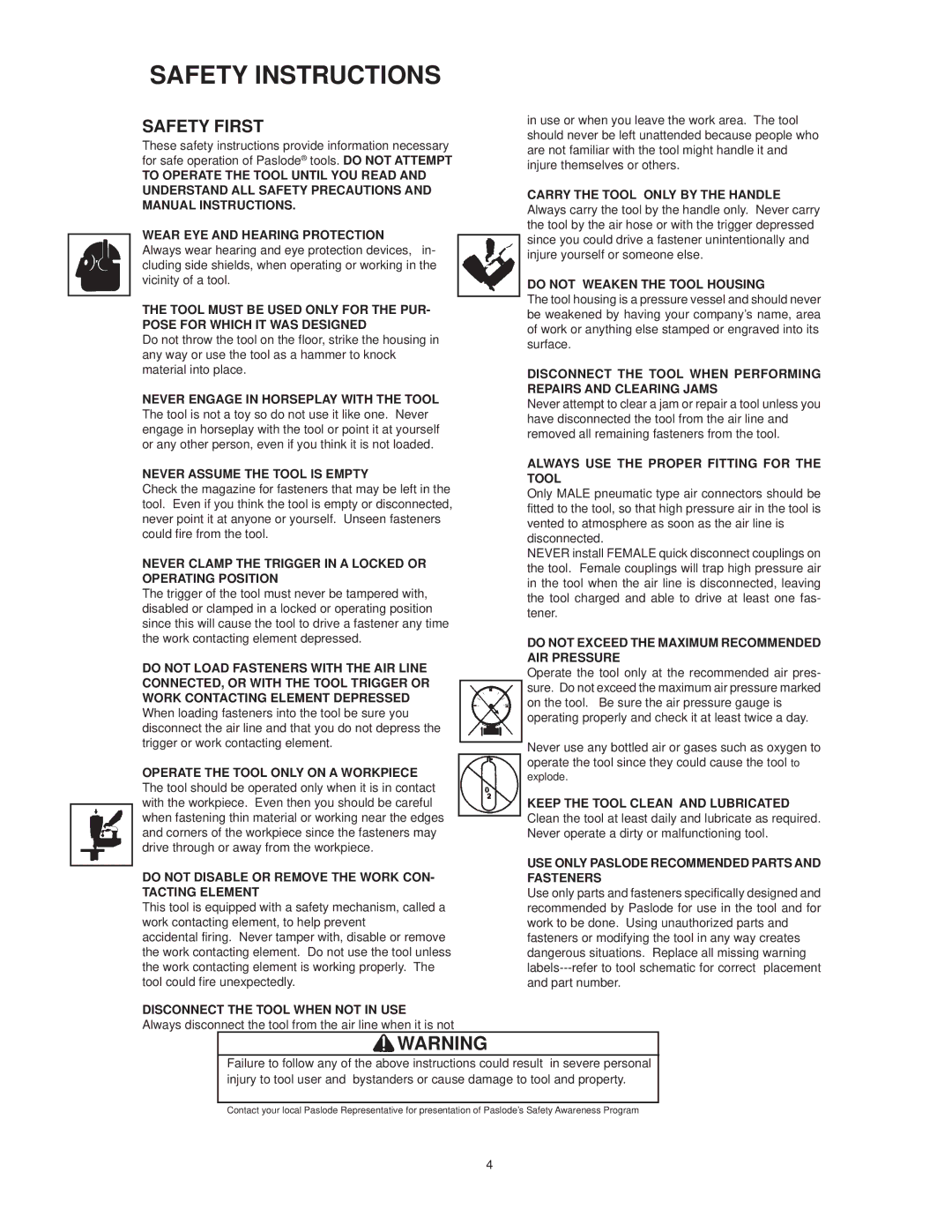 HP Paslode 403606-10 manual Safety Instructions, Safety First 