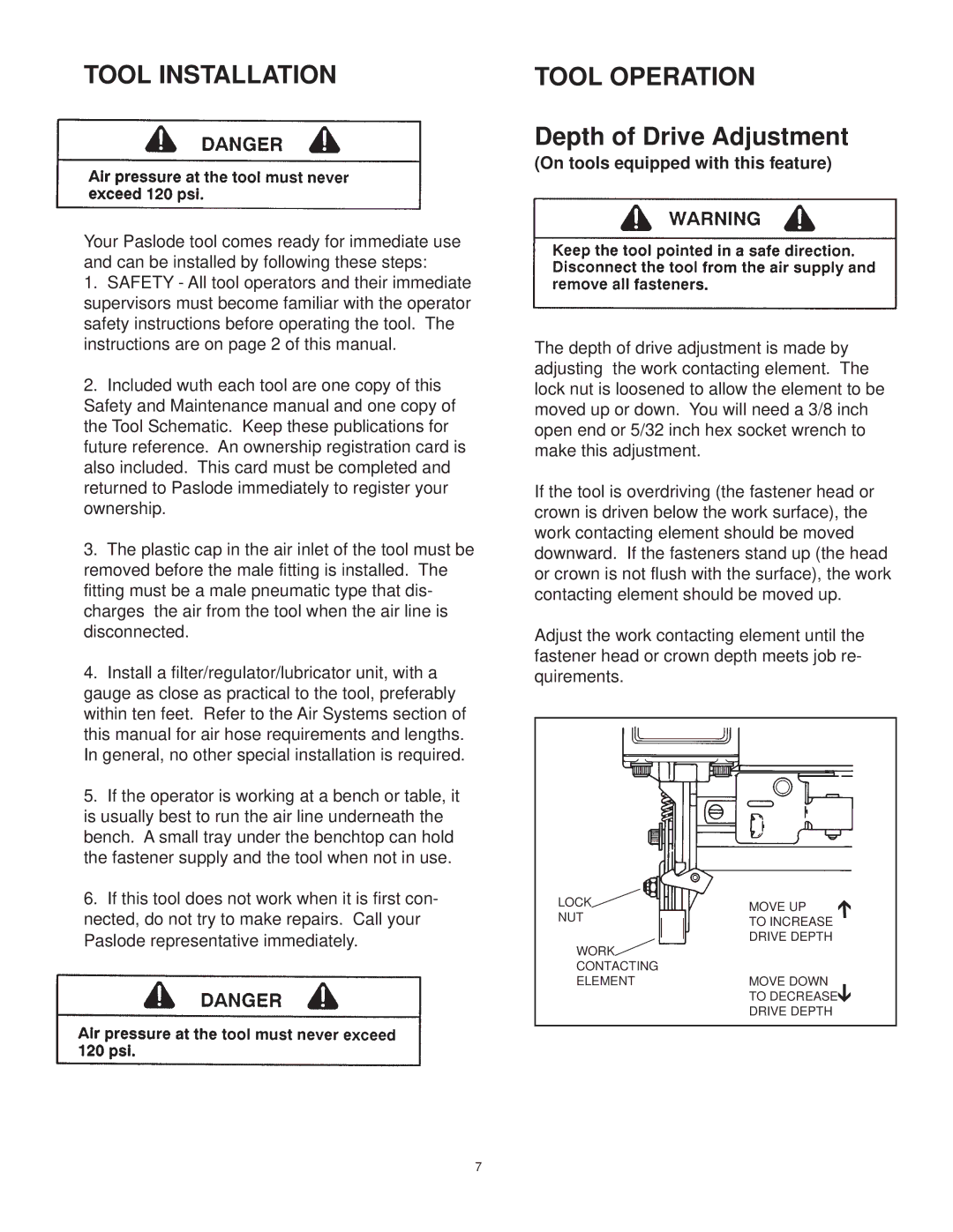 HP Paslode 403606-10 manual Tool Installation, Tool Operation, Depth of Drive Adjustment 