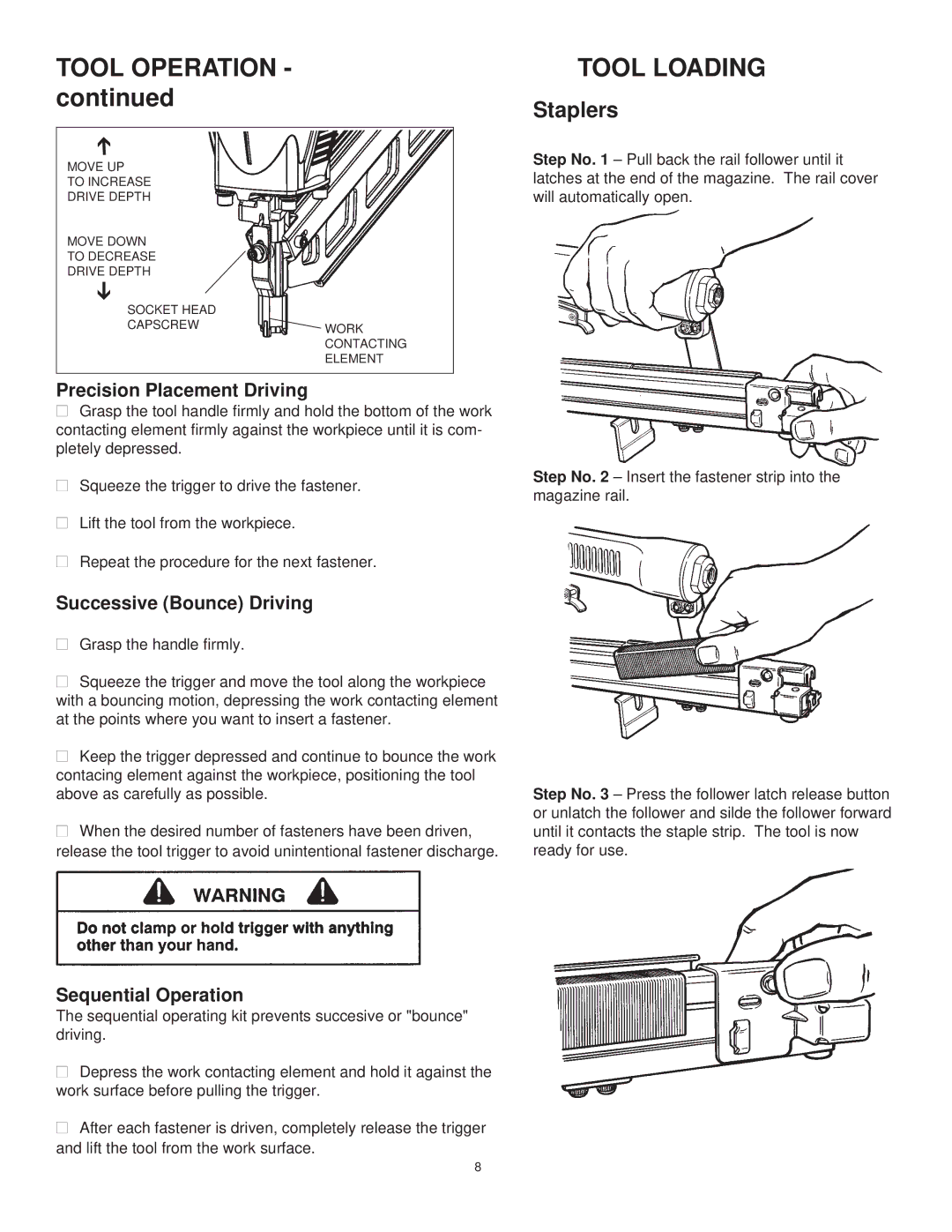 HP Paslode 403606-10 manual Tool Operation, Tool Loading, Staplers 