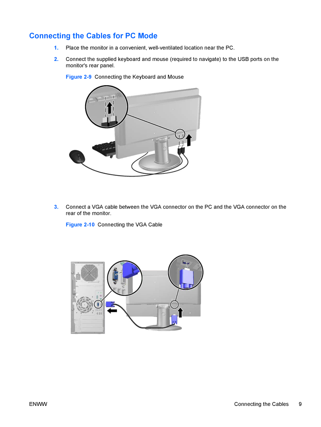 HP Passport 1912nm 18.5-inch Internet manual Connecting the Cables for PC Mode, 10Connecting the VGA Cable 