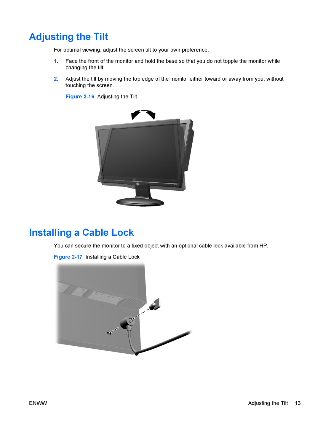 HP Passport 1912nm 18.5-inch Internet manual Adjusting the Tilt, Installing a Cable Lock 