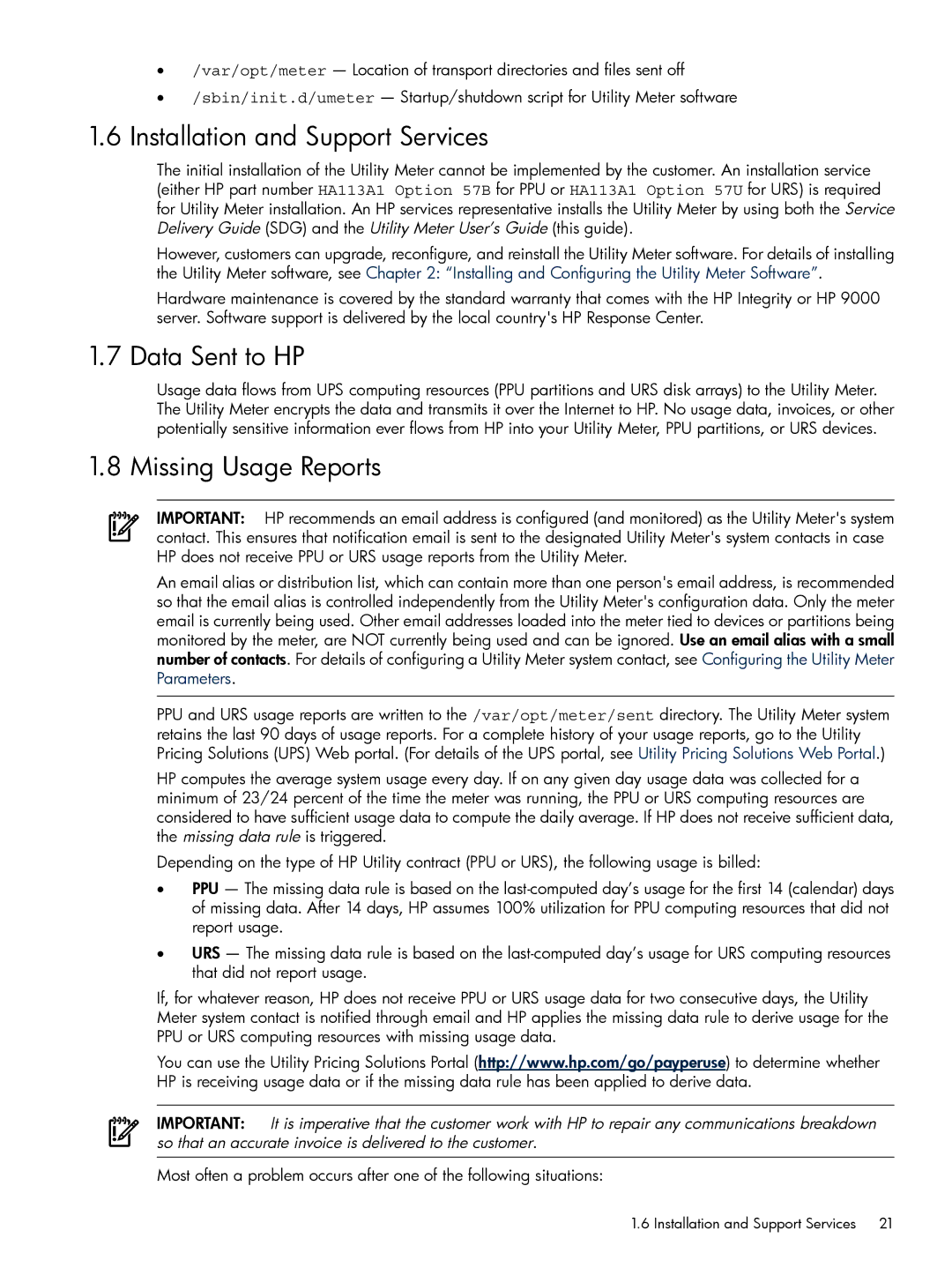 HP Pay per use (PPU) manual Installation and Support Services, Data Sent to HP, Missing Usage Reports 