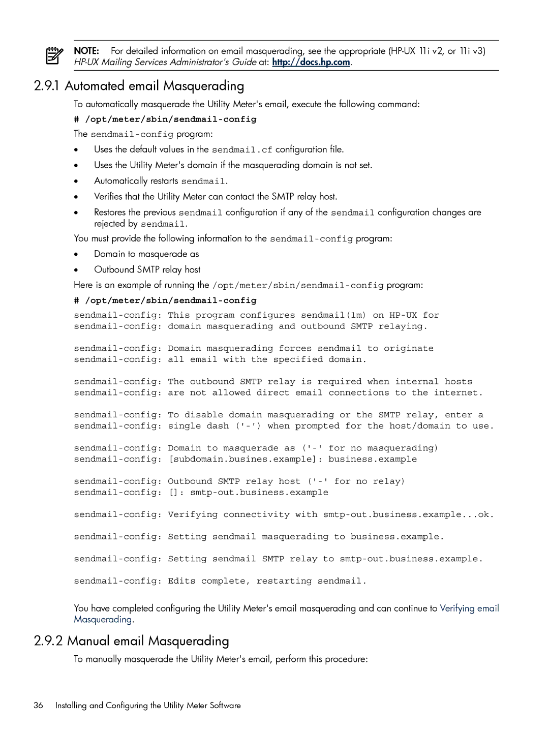 HP Pay per use (PPU) manual Automated email Masquerading, Manual email Masquerading, # /opt/meter/sbin/sendmail-config 