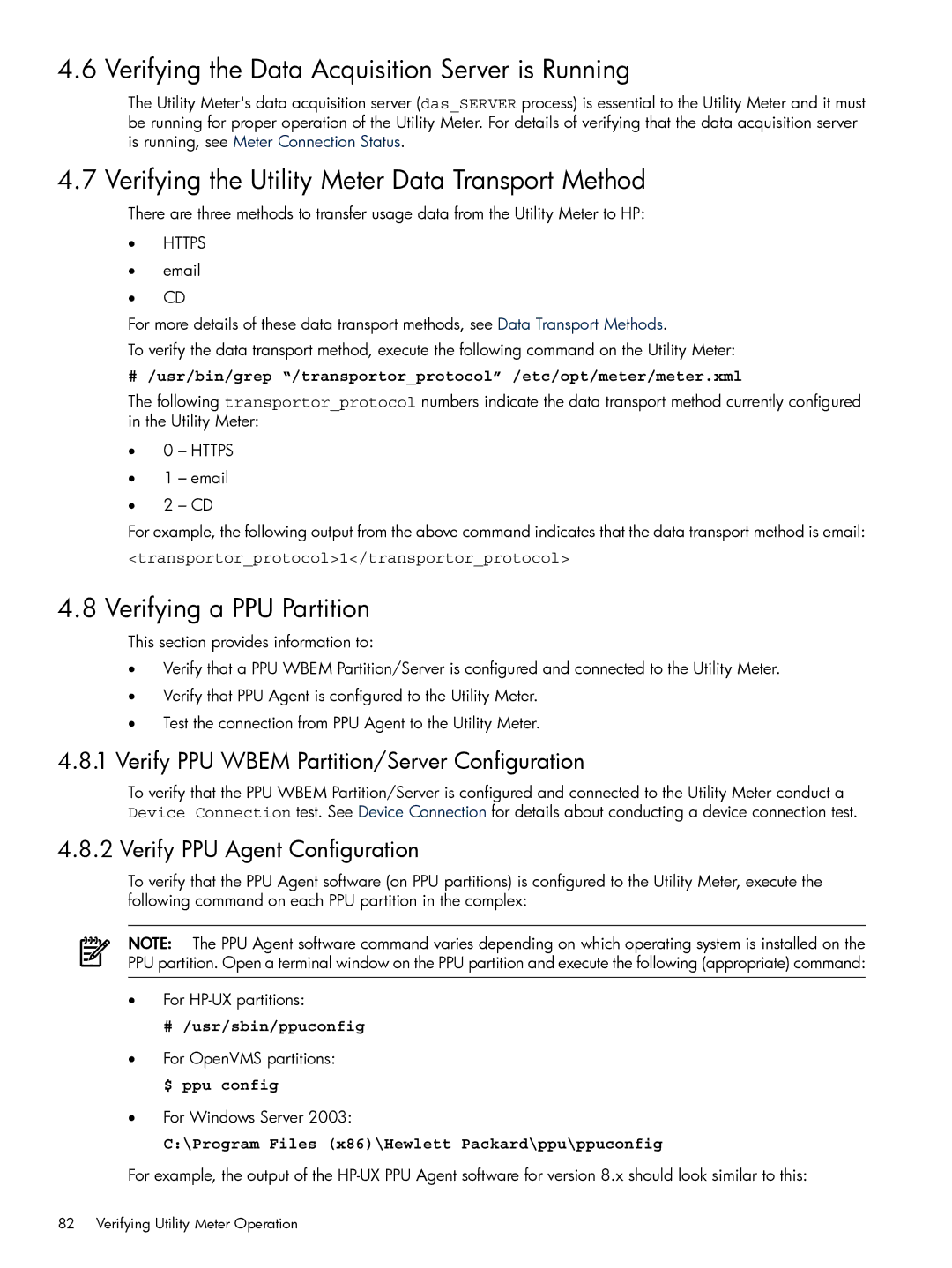 HP Pay per use (PPU) Verifying the Data Acquisition Server is Running, Verifying the Utility Meter Data Transport Method 