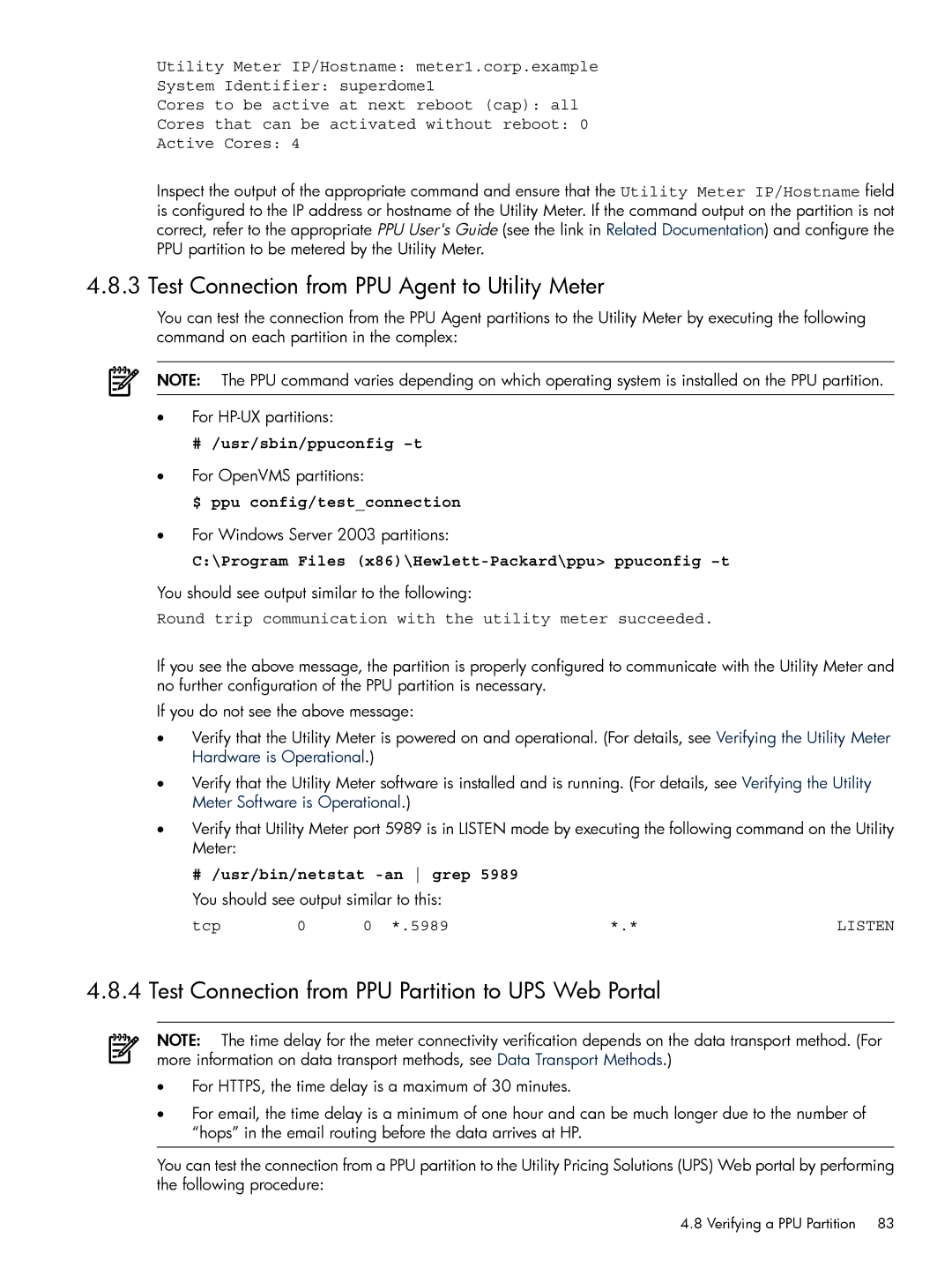 HP Pay per use (PPU) Test Connection from PPU Agent to Utility Meter, Test Connection from PPU Partition to UPS Web Portal 