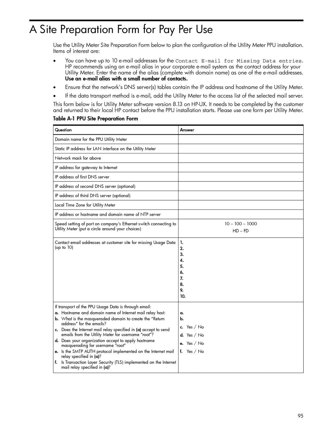 HP Pay per use (PPU) manual Site Preparation Form for Pay Per Use, Table A-1 PPU Site Preparation Form 