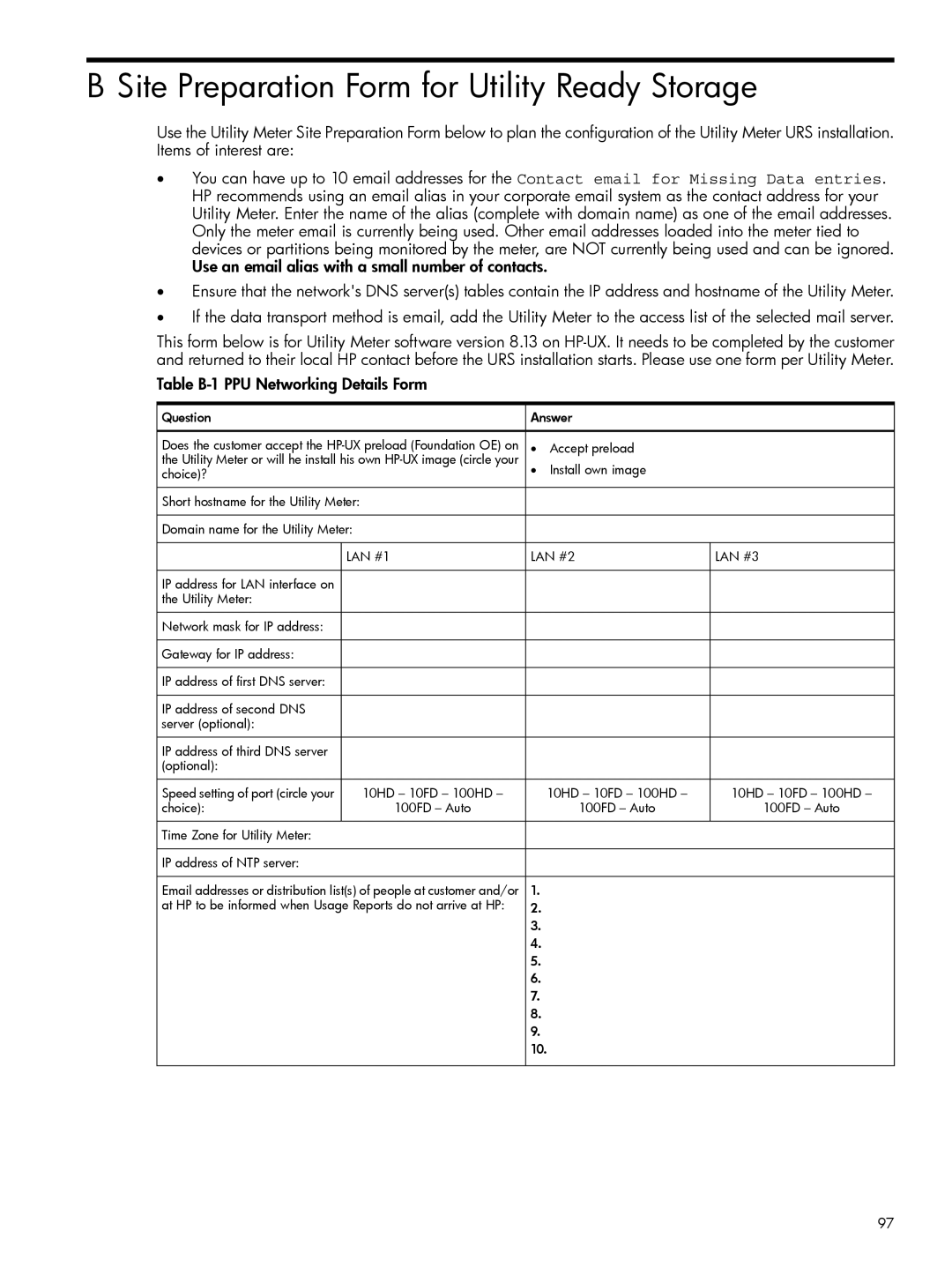 HP Pay per use (PPU) manual Site Preparation Form for Utility Ready Storage, Table B-1 PPU Networking Details Form 