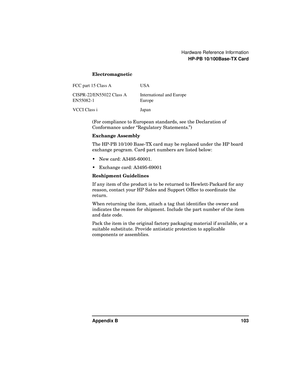 HP PB 10 manual Electromagnetic, Exchange Assembly, Reshipment Guidelines 