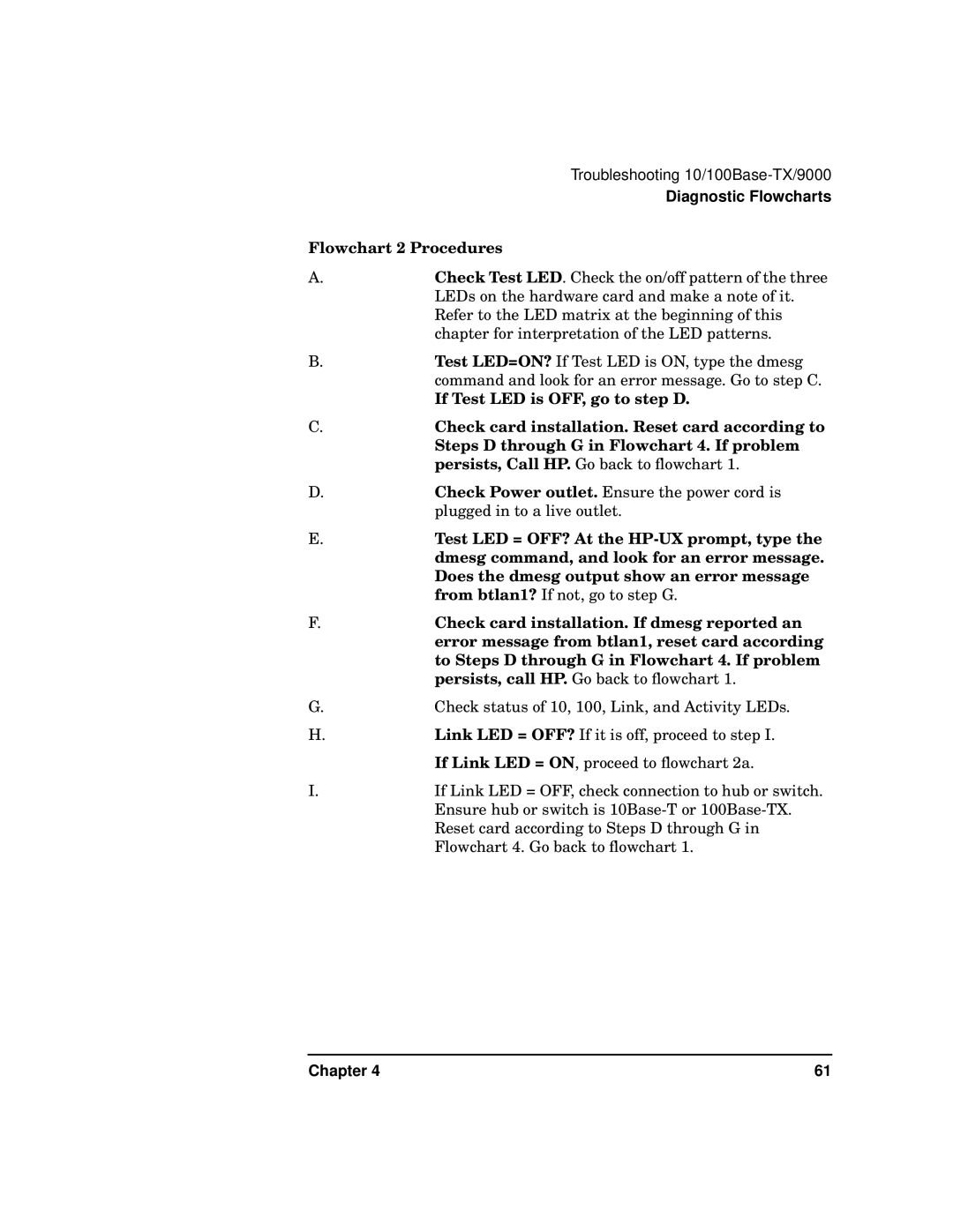 HP PB 10 manual Flowchart 2 Procedures, If Test LED is OFF, go to step D, Check card installation. Reset card according to 