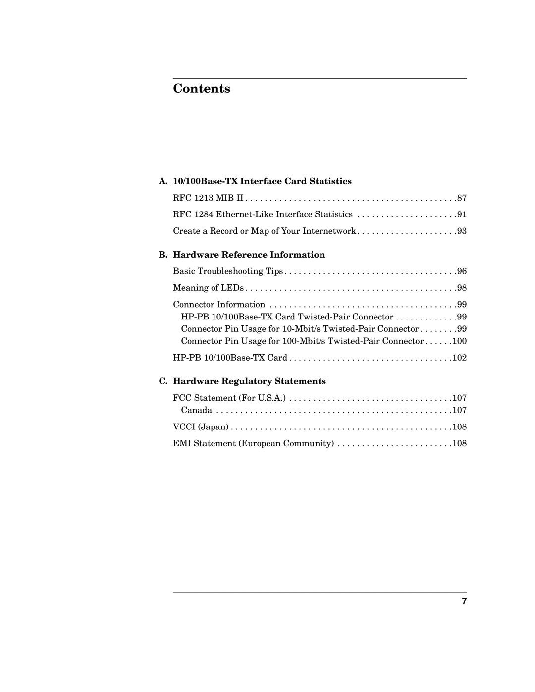 HP PB 10 manual 10/100Base-TX Interface Card Statistics, Hardware Reference Information, Hardware Regulatory Statements 