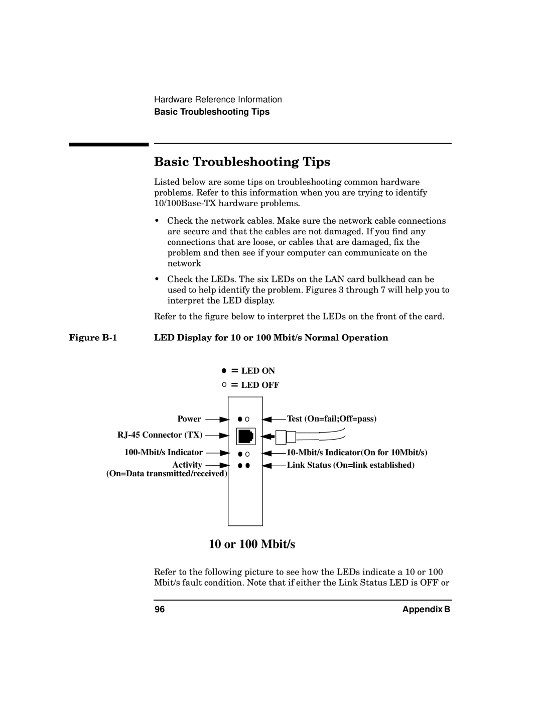 HP PB 10 manual Basic Troubleshooting Tips, 10 or 100 Mbit/s 