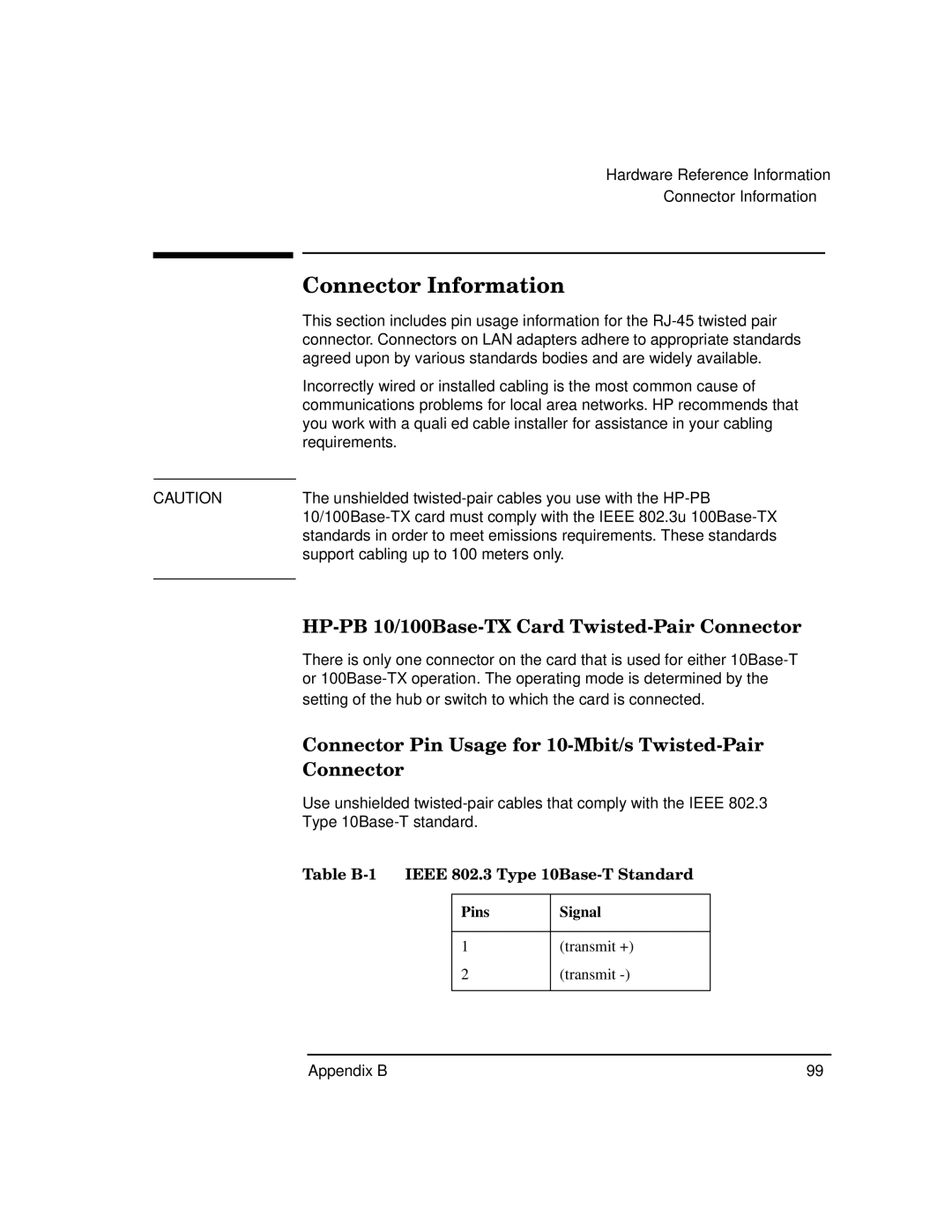 HP manual Connector Information, HP-PB 10/100Base-TX Card Twisted-Pair Connector 