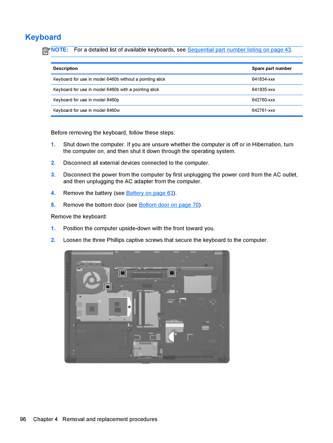 HP 8460p LJ541UT 14.0 LJ541UT#ABA, PB 6460B LQ177AW#ABA, QS020US, QX760US manual Keyboard, Description Spare part number 