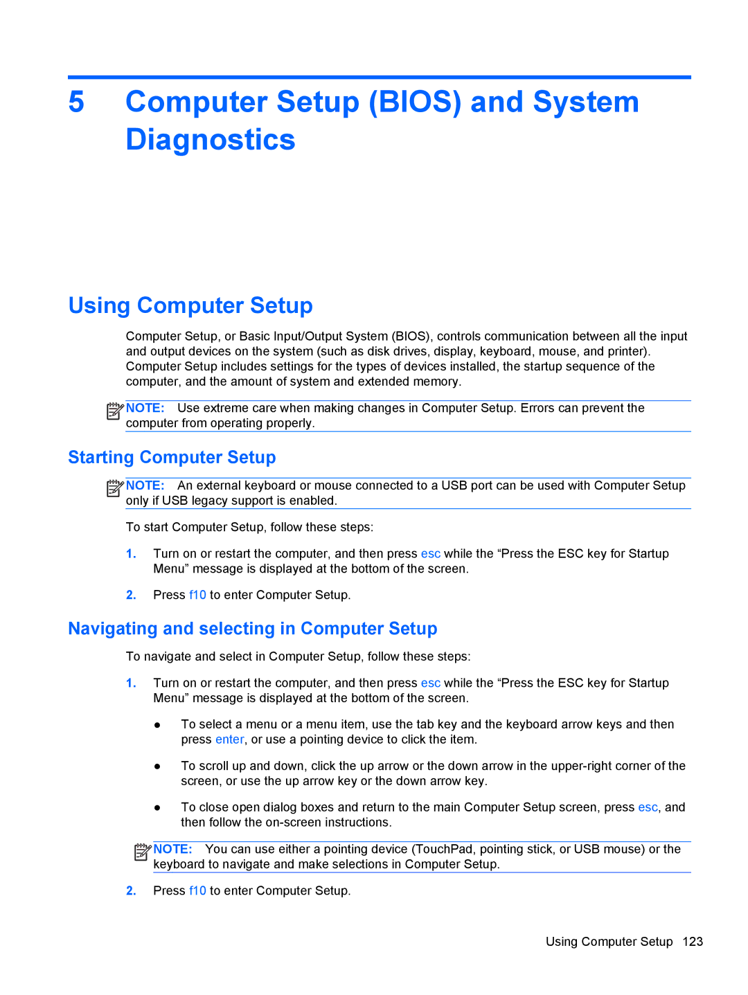 HP QS020US, PB 6460B LQ177AW#ABA Using Computer Setup, Starting Computer Setup, Navigating and selecting in Computer Setup 