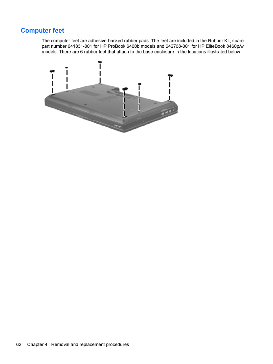 HP PB 6460B LQ177AW#ABA, QS020US, QX760US, LJ540UT 14 LJ540UT#ABA, 8460p LJ541UT 14.0 LJ541UT#ABA manual Computer feet 