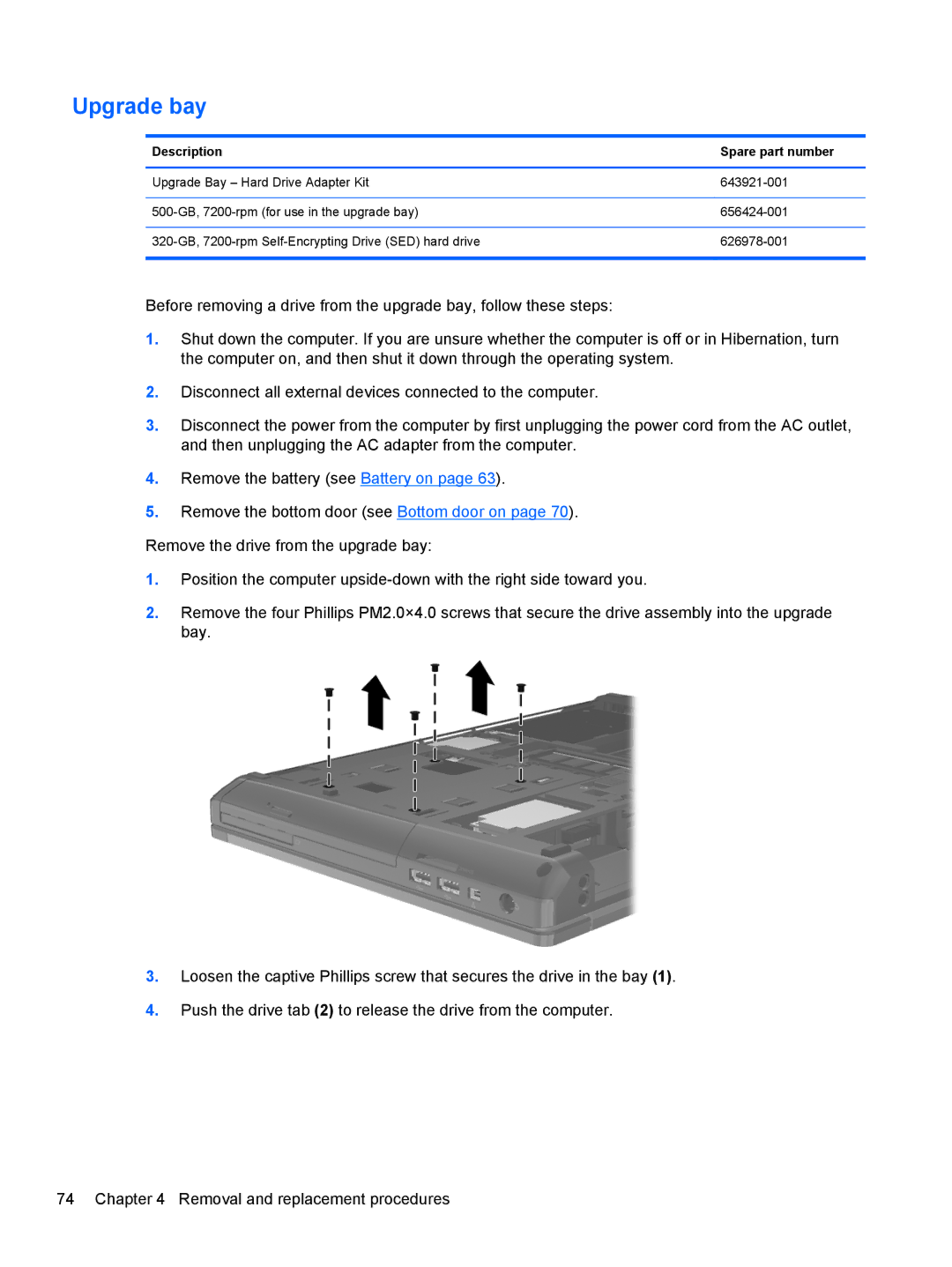 HP QX760US, PB 6460B LQ177AW#ABA, QS020US, LJ540UT 14 LJ540UT#ABA manual Upgrade bay, Description Spare part number 