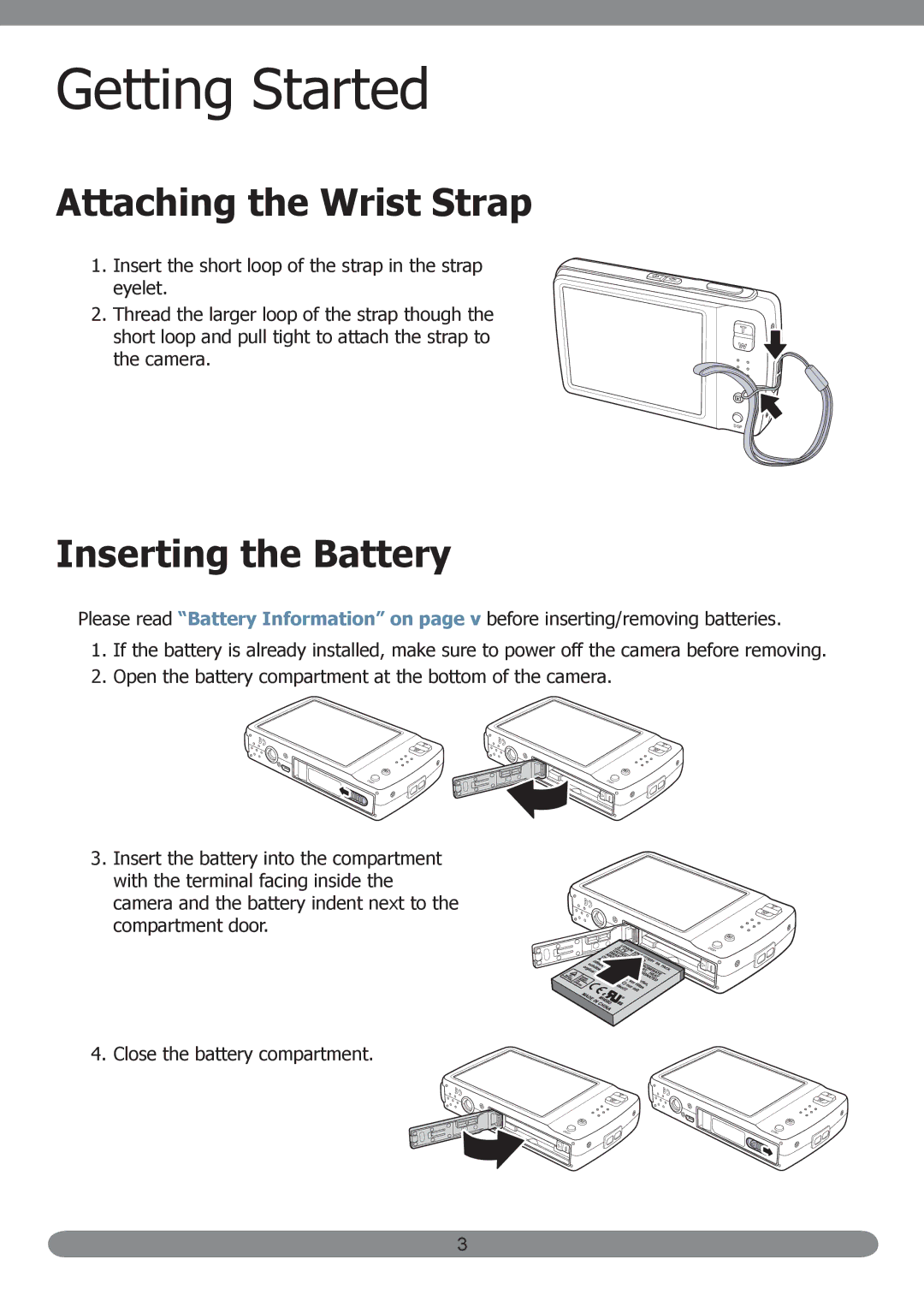 HP PB360t/PW360t manual Getting Started, Attaching the Wrist Strap, Inserting the Battery 