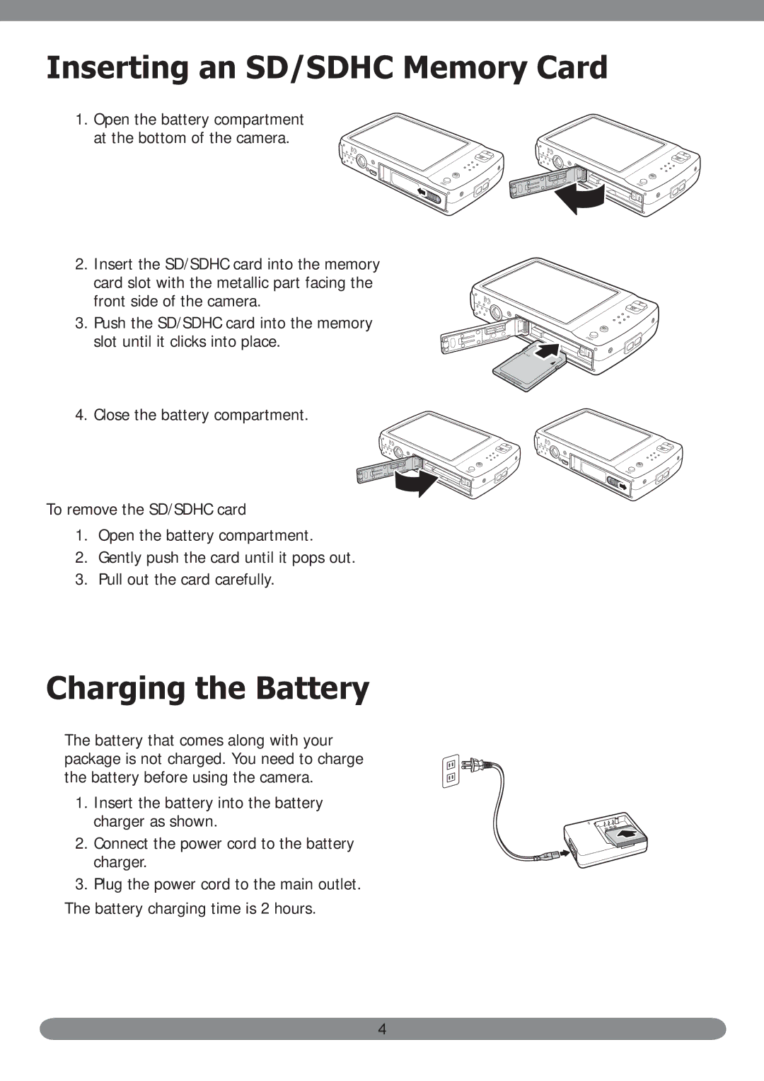 HP PB360t/PW360t manual Inserting an SD/SDHC Memory Card, Charging the Battery 