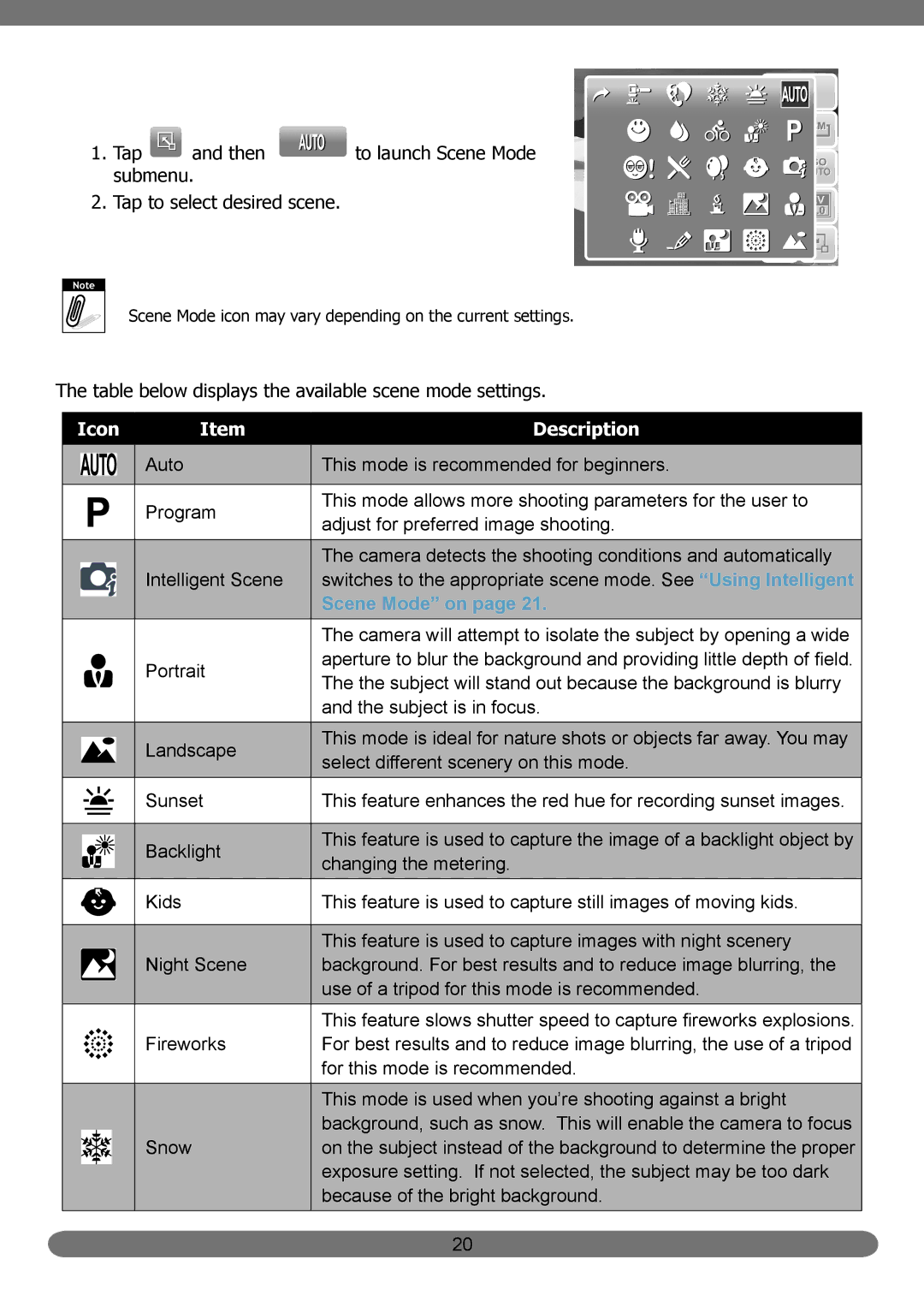 HP PB360t/PW360t manual Icon Description, Scene Mode on 