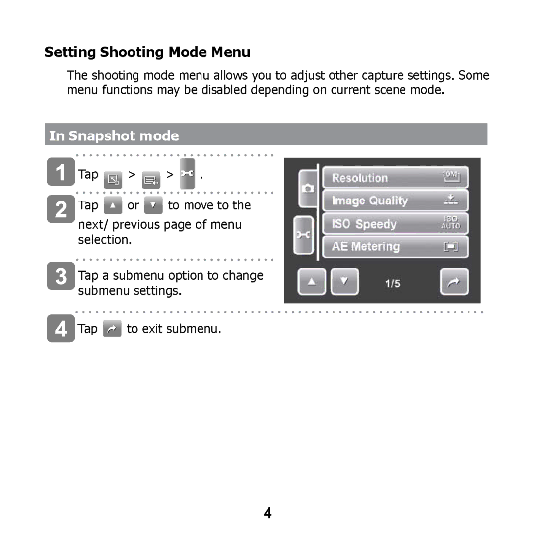 HP PB360t/PW360t manual Setting Shooting Mode Menu, Snapshot mode 