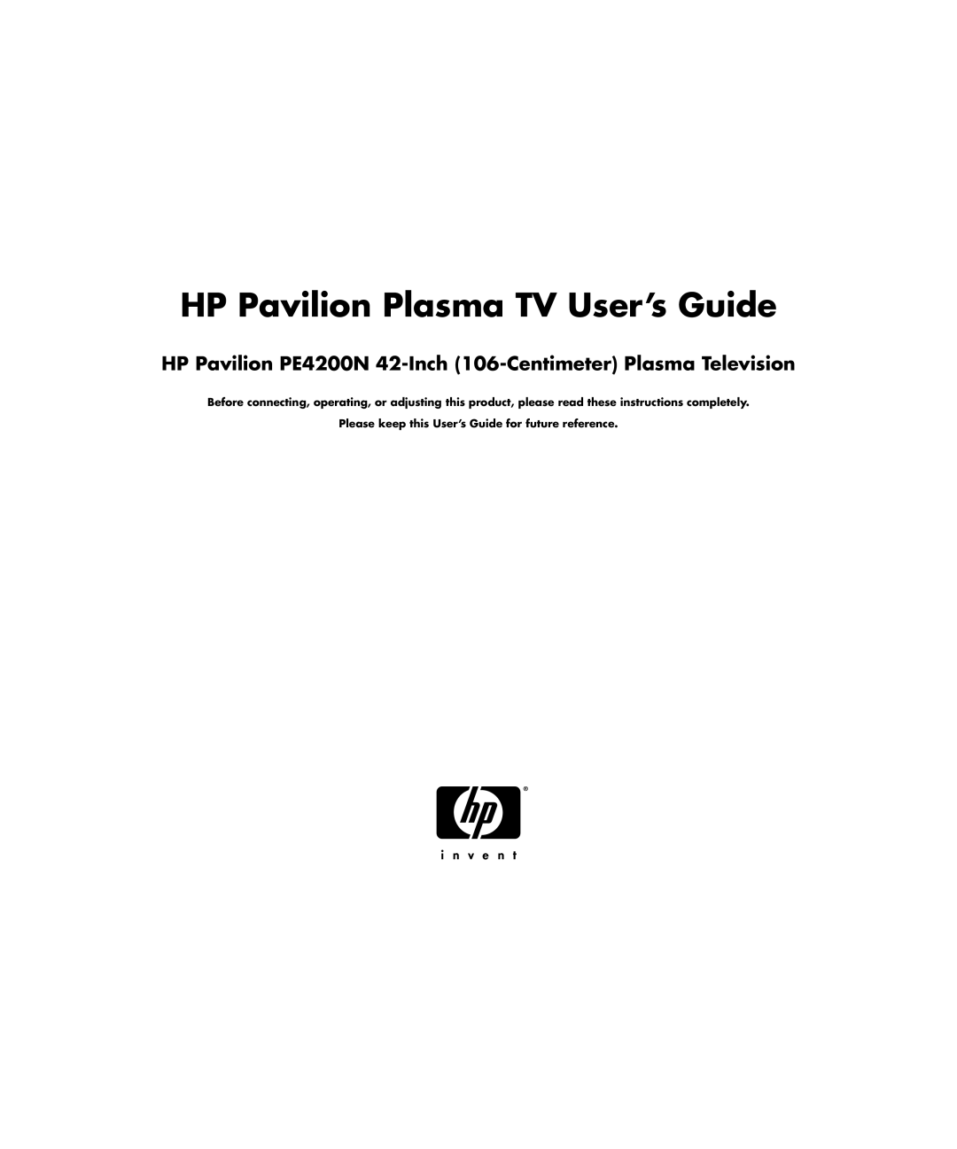 HP PE4200N 42 inch manual HP Pavilion Plasma TV User’s Guide 