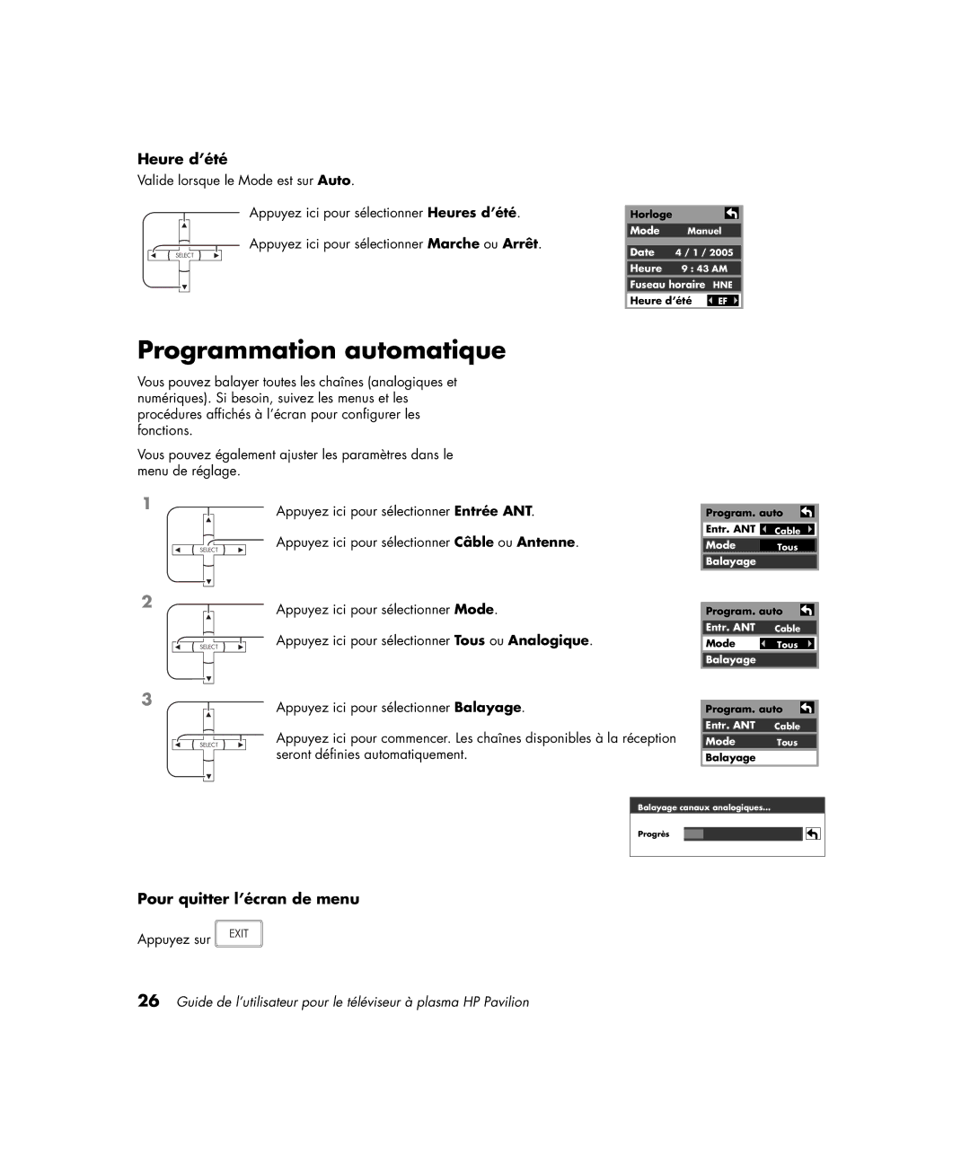 HP PE4200N 42 inch manual Programmation automatique, Heure d’été, Pour quitter l’écran de menu 