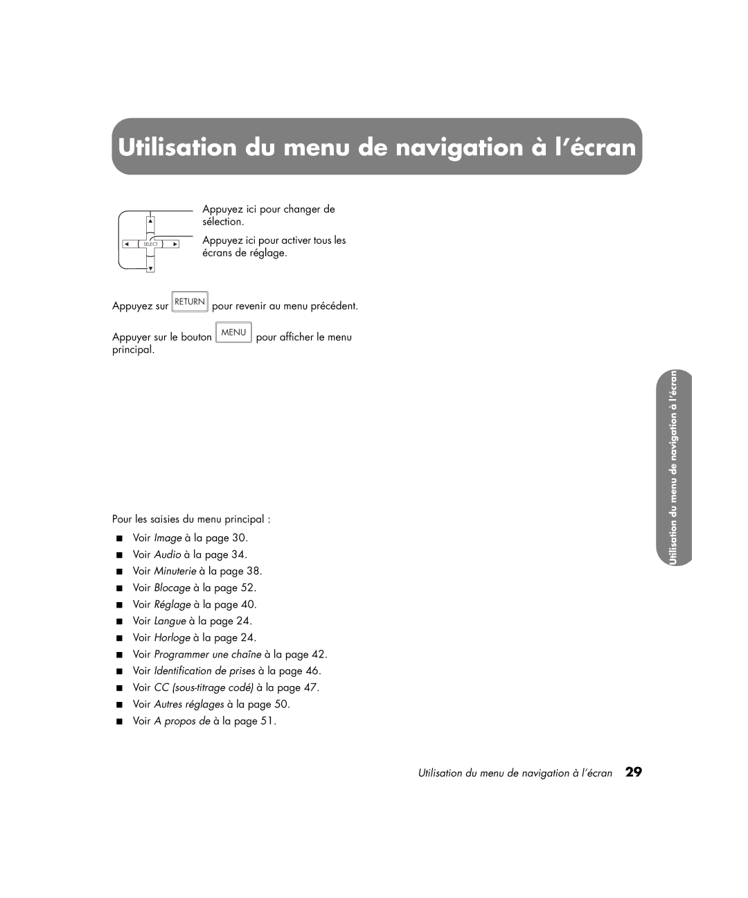 HP PE4200N 42 inch manual Utilisation du menu de navigation à l’écran 