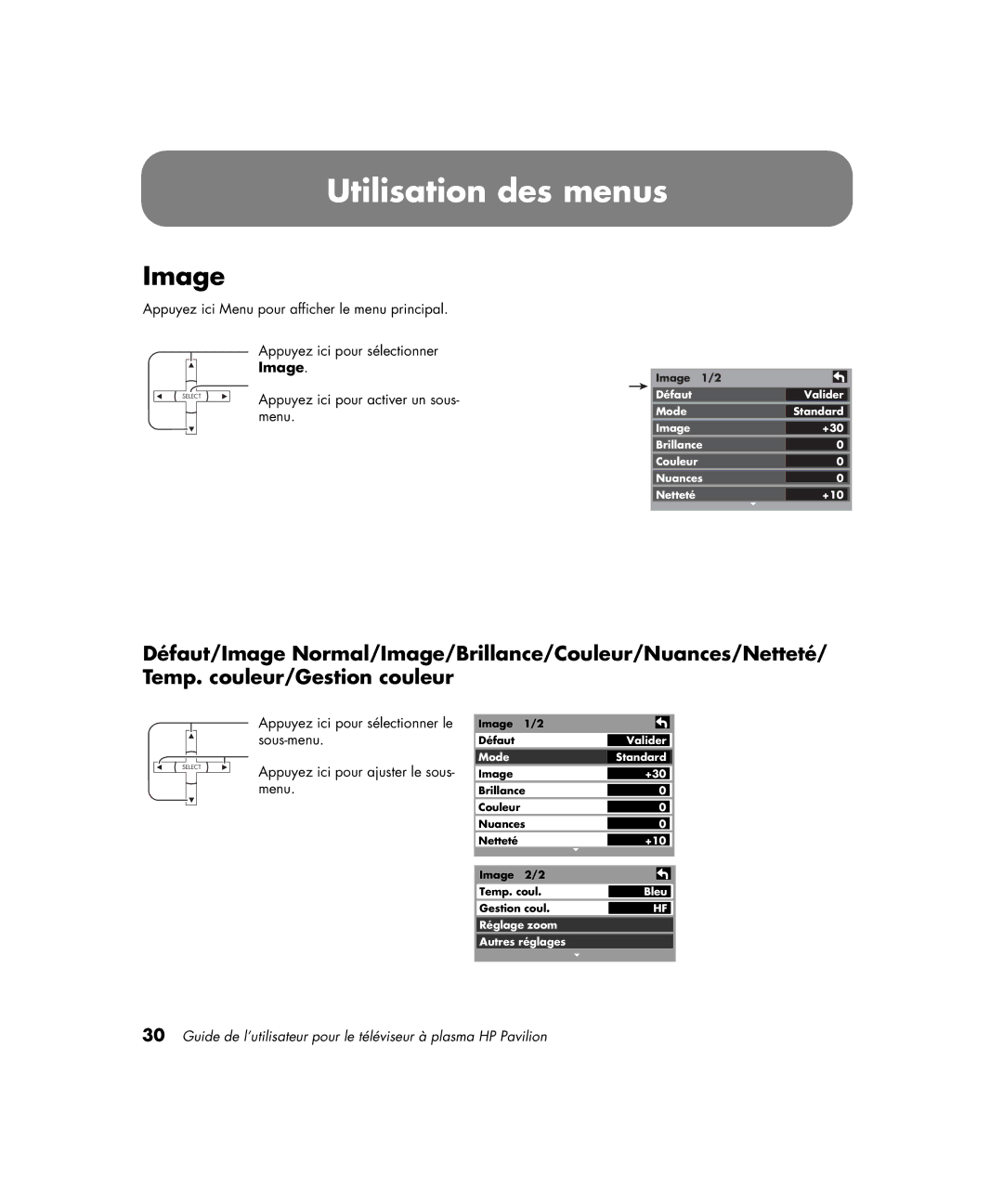 HP PE4200N 42 inch manual Utilisation des menus, Image 