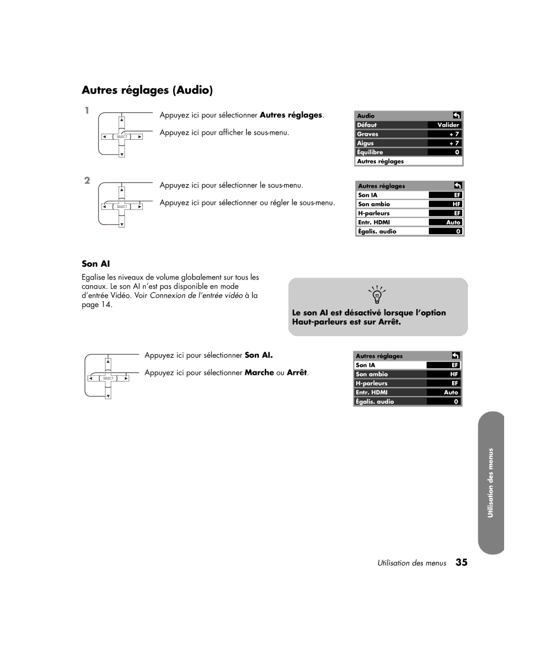 HP PE4200N 42 inch manual Autres réglages Audio, Son AI 