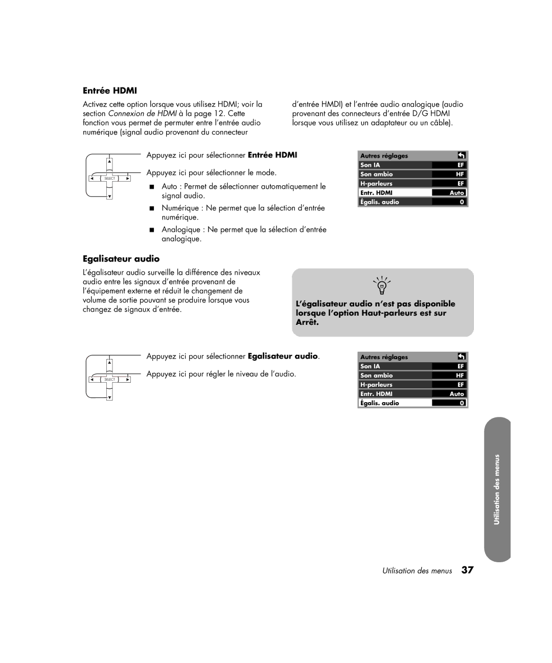 HP PE4200N 42 inch manual Entrée Hdmi, Egalisateur audio 