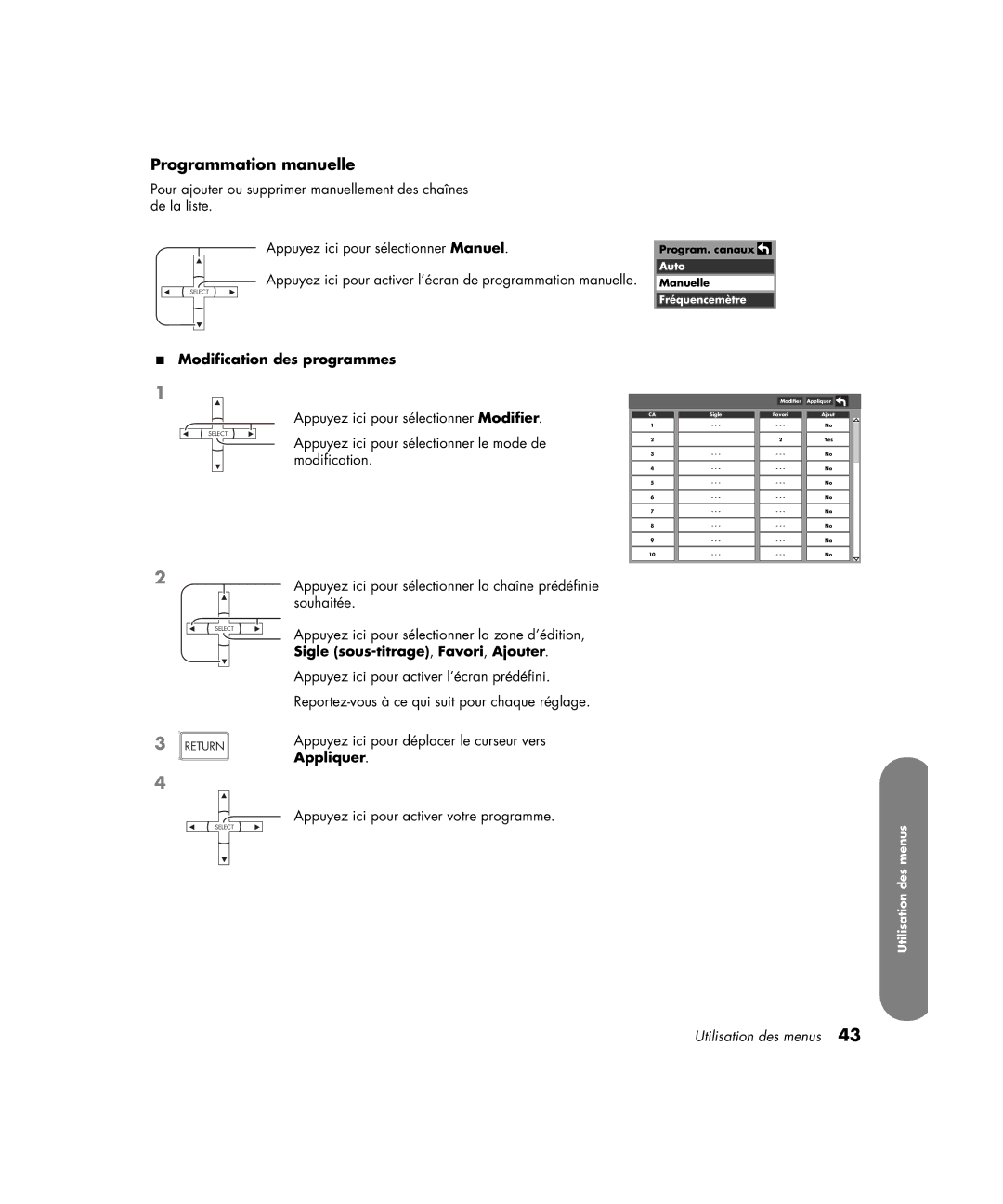 HP PE4200N 42 inch manual Programmation manuelle, Modification des programmes 