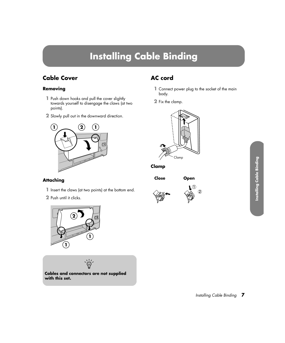 HP PE4200N 42 inch manual Installing Cable Binding, Cable Cover, AC cord 