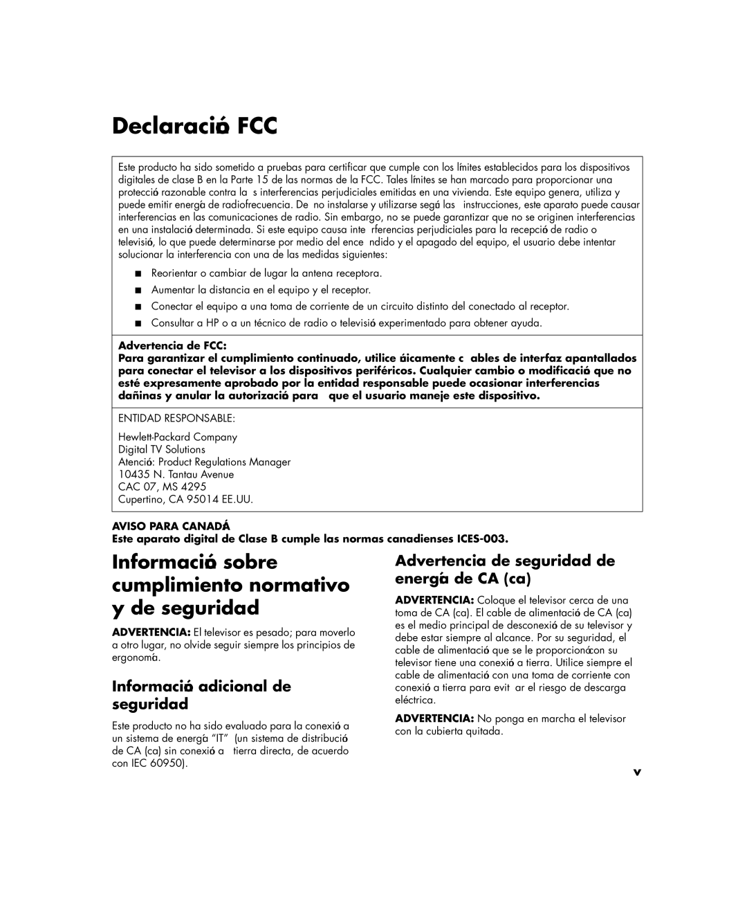 HP PE4200N 42 inch manual Información sobre cumplimiento normativo y de seguridad, Información adicional de seguridad 