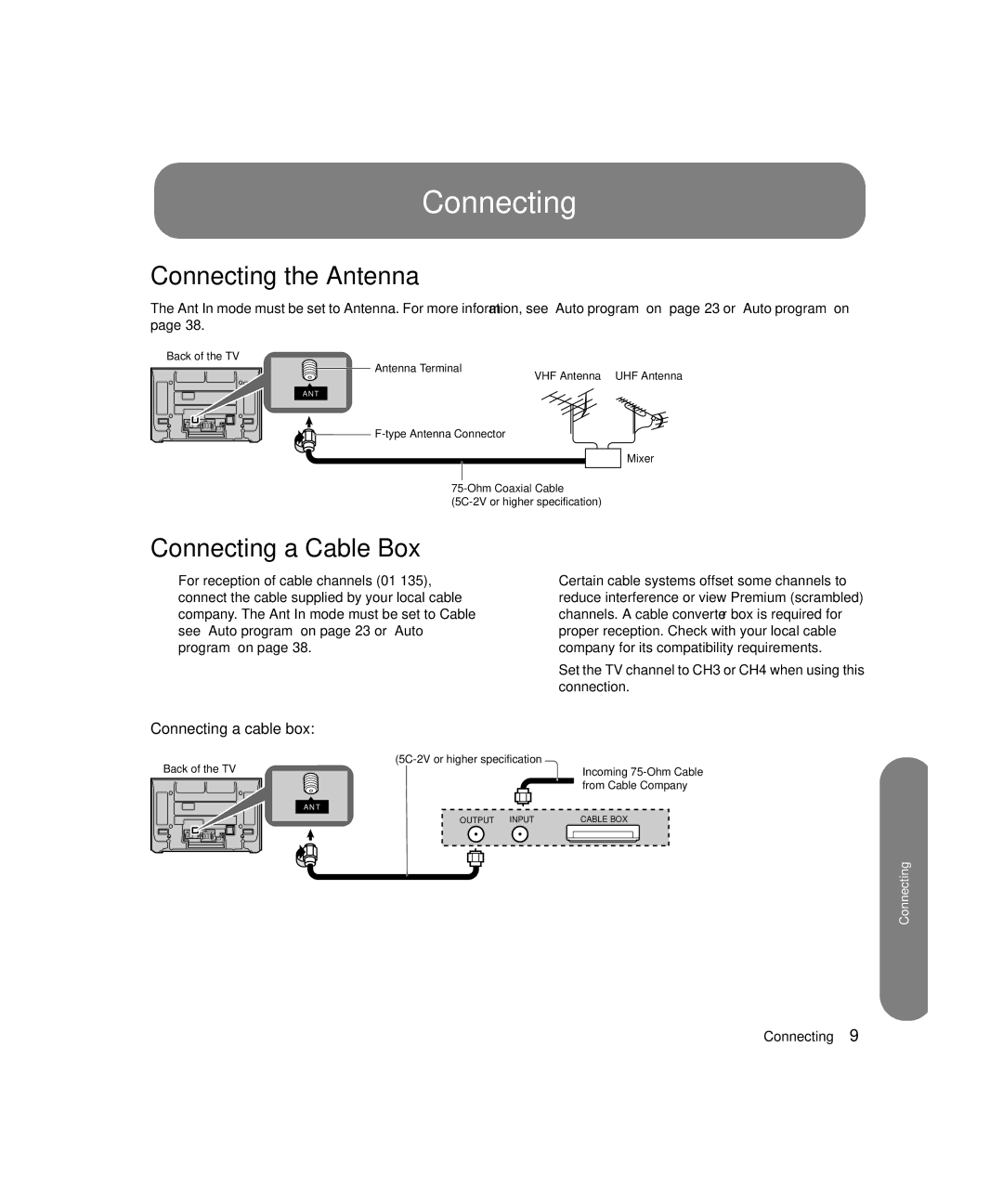 HP PE4200N 42 inch manual Connecting the Antenna, Connecting a Cable Box, Connecting a cable box 