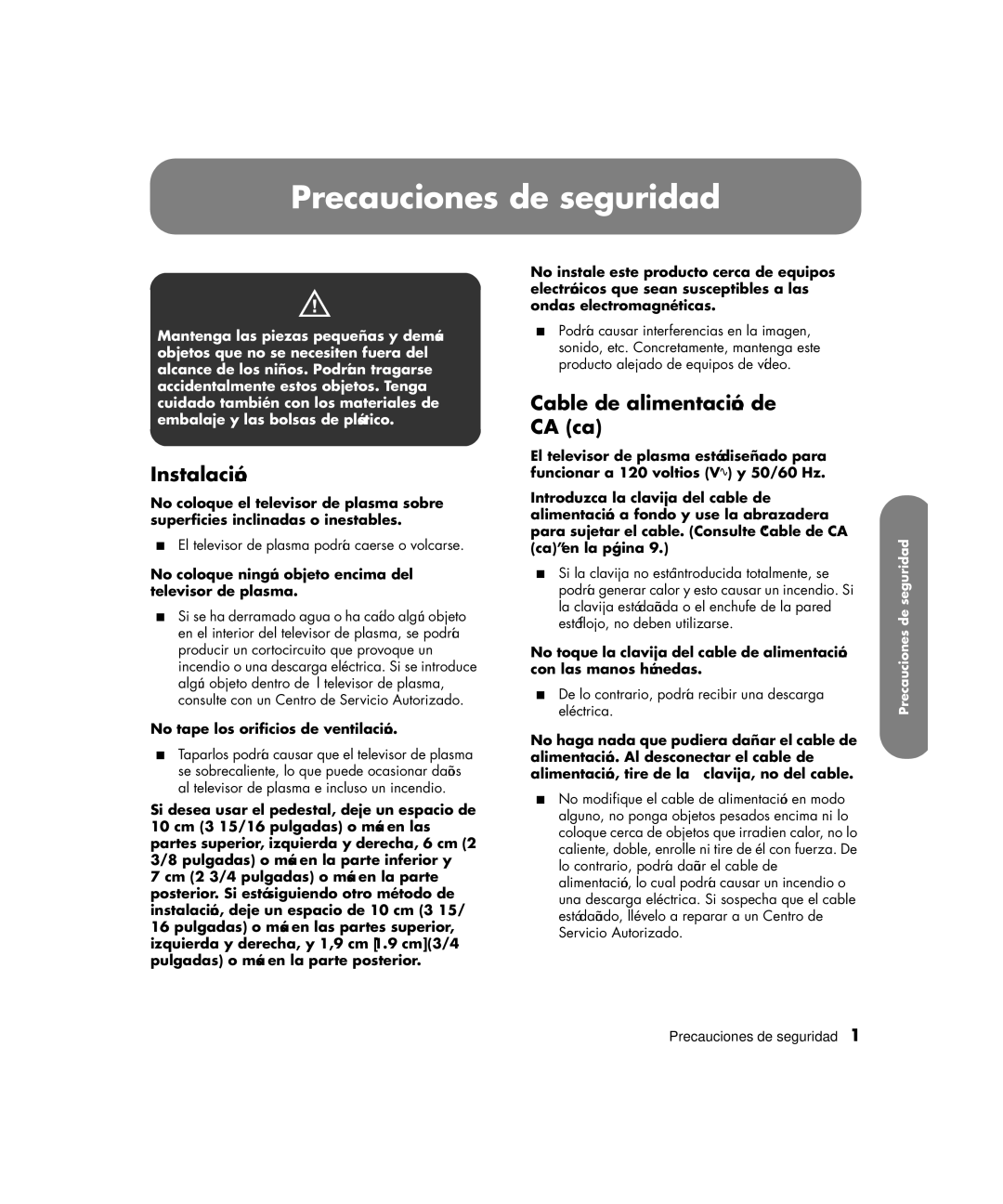 HP PE4200N 42 inch manual Precauciones de seguridad, Instalación, Cable de alimentación de CA ca 