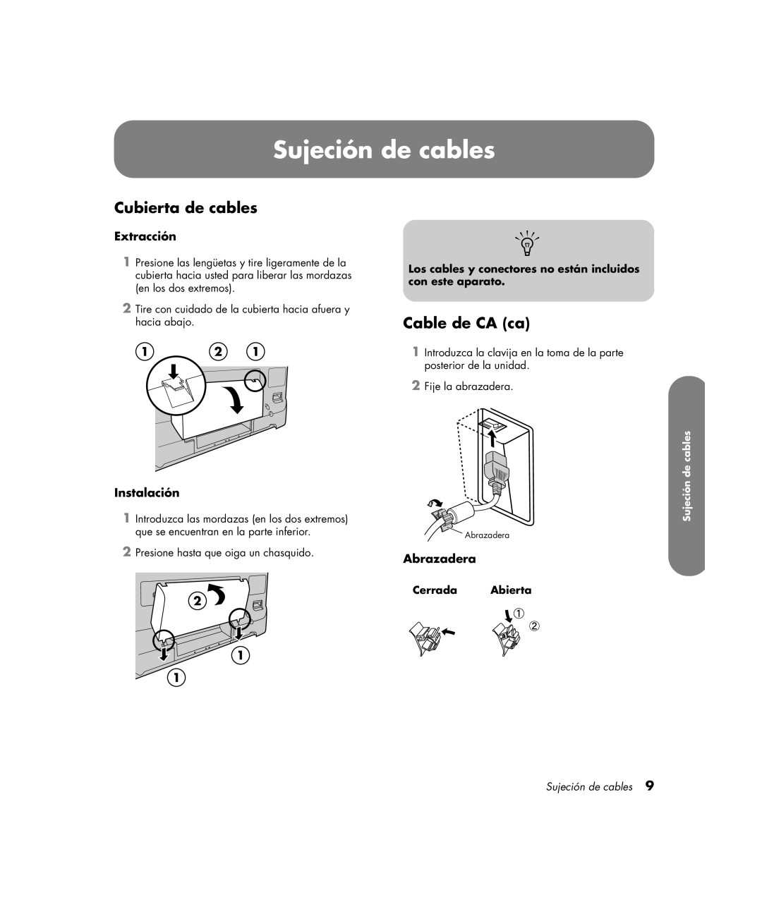 HP PE4200N 42 inch manual Sujeción de cables, Cubierta de cables, Cable de CA ca 