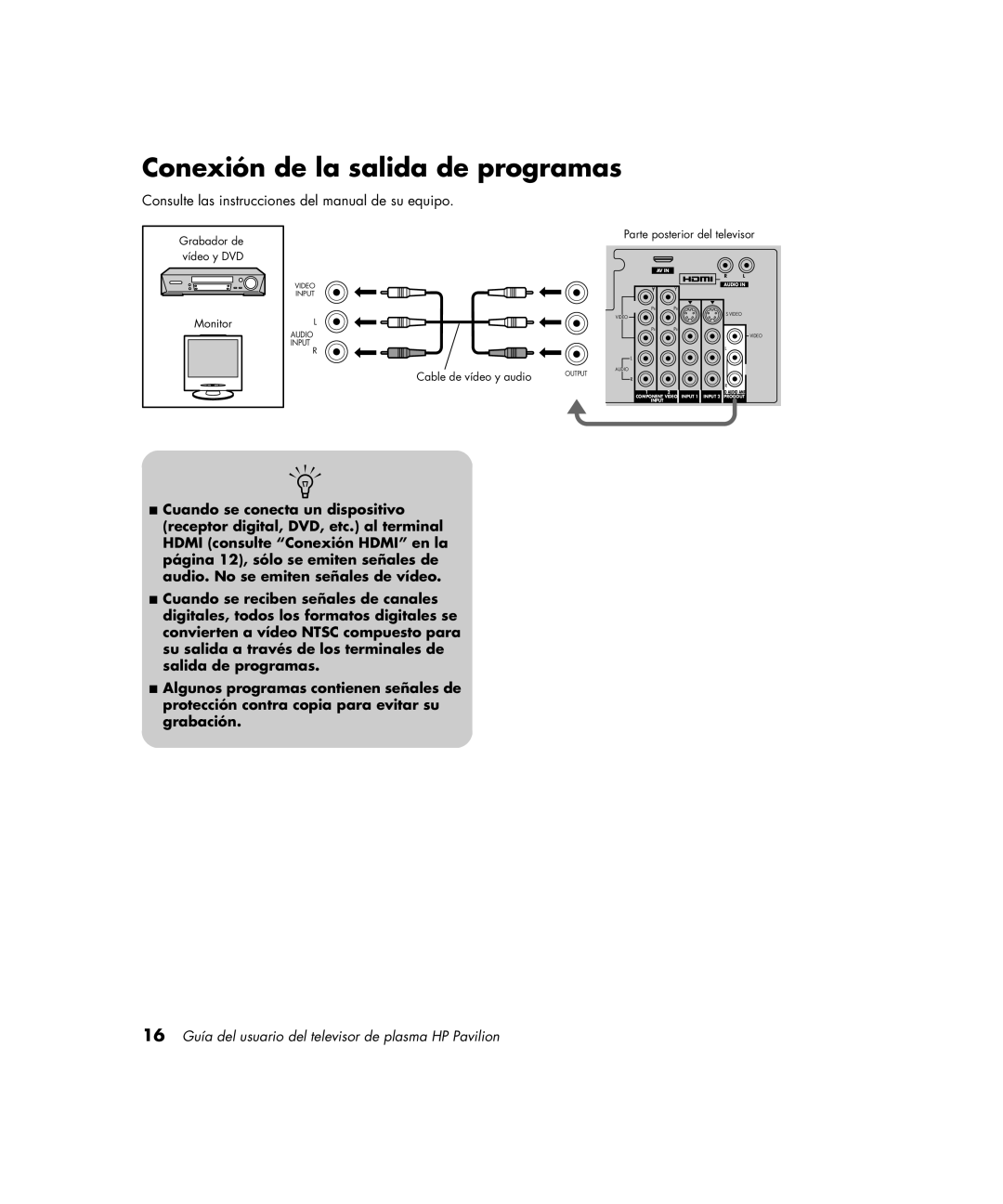 HP PE4200N 42 inch Conexión de la salida de programas, Consulte las instrucciones del manual de su equipo 