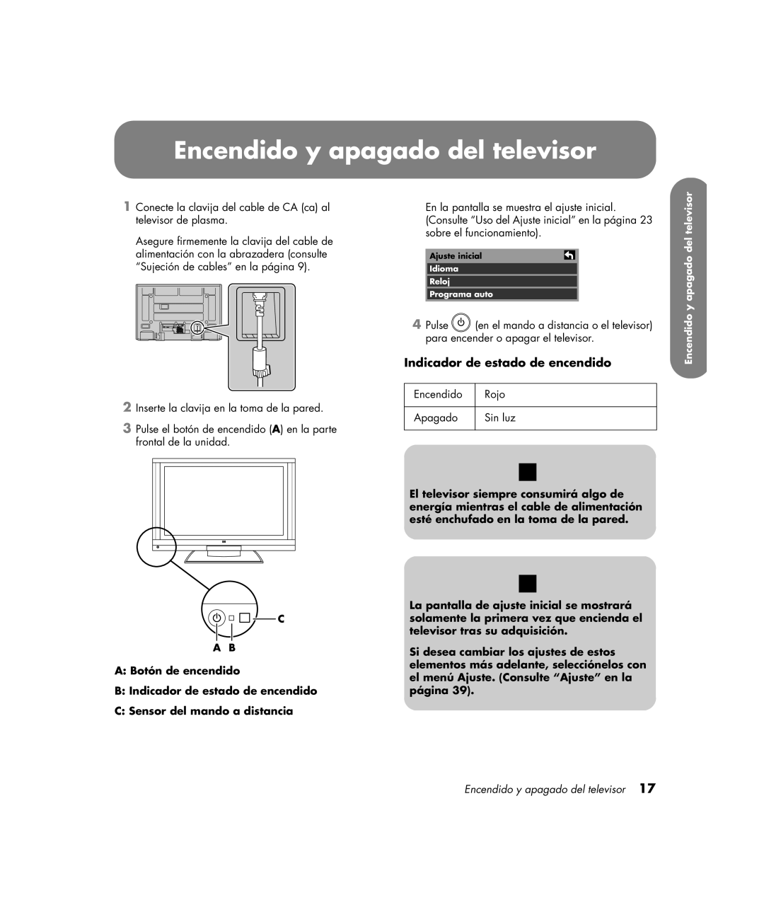 HP PE4200N 42 inch manual Encendido y apagado del televisor, Indicador de estado de encendido 