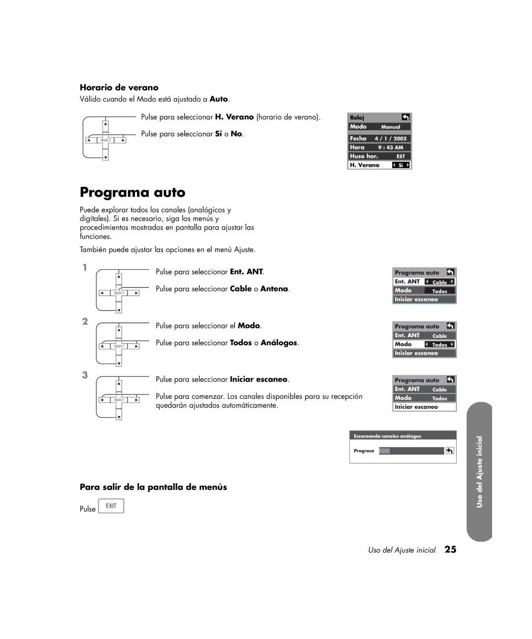 HP PE4200N 42 inch manual Programa auto, Horario de verano, Para salir de la pantalla de menús 