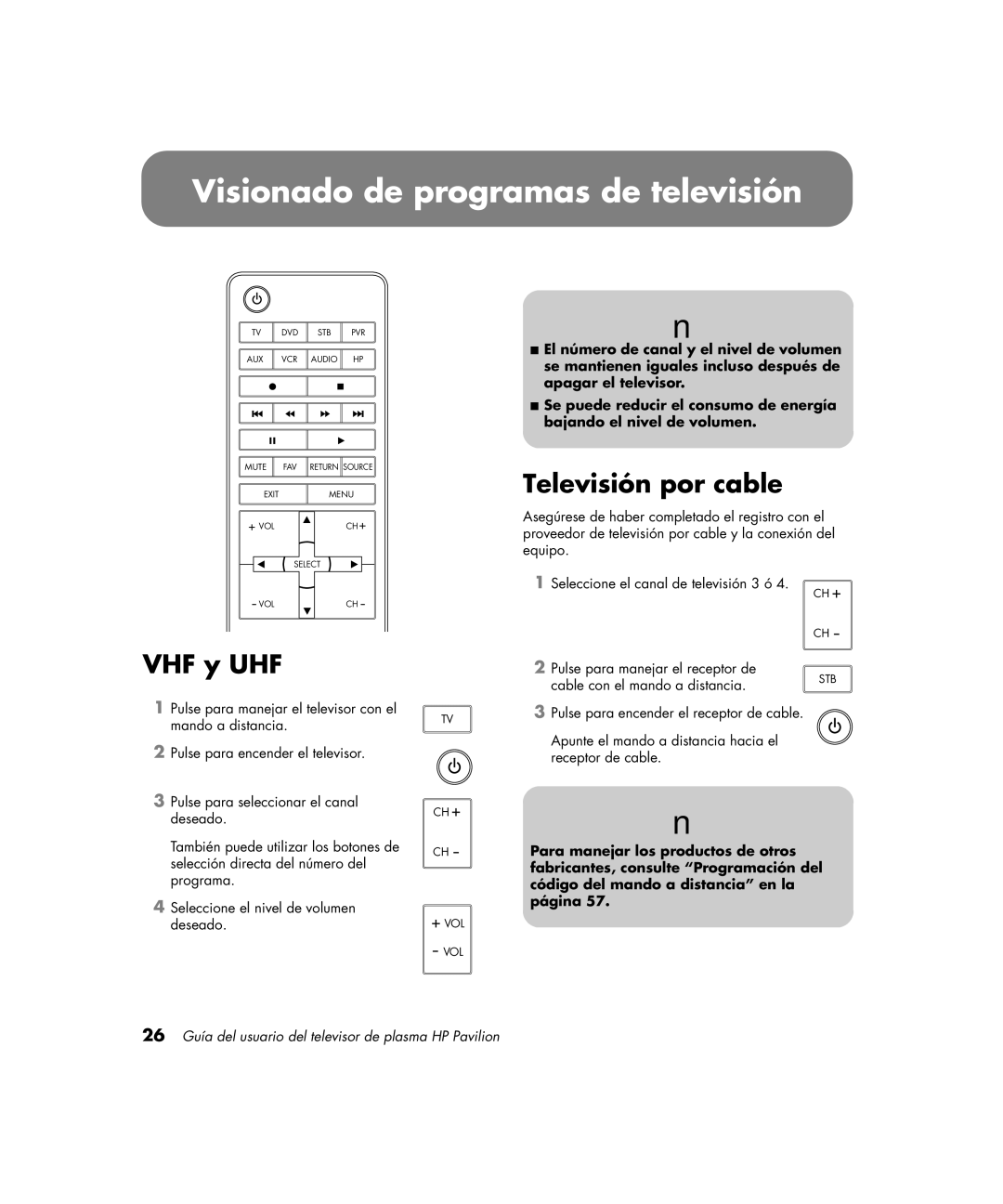 HP PE4200N 42 inch manual Visionado de programas de televisión, Televisión por cable, VHF y UHF 