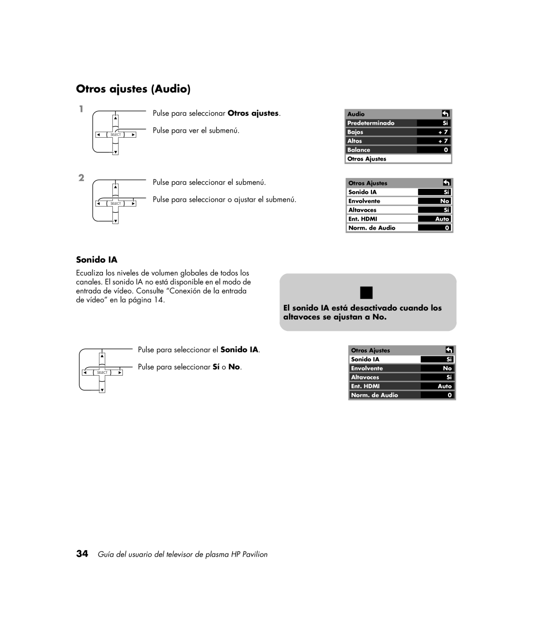 HP PE4200N 42 inch manual Otros ajustes Audio, Sonido IA 