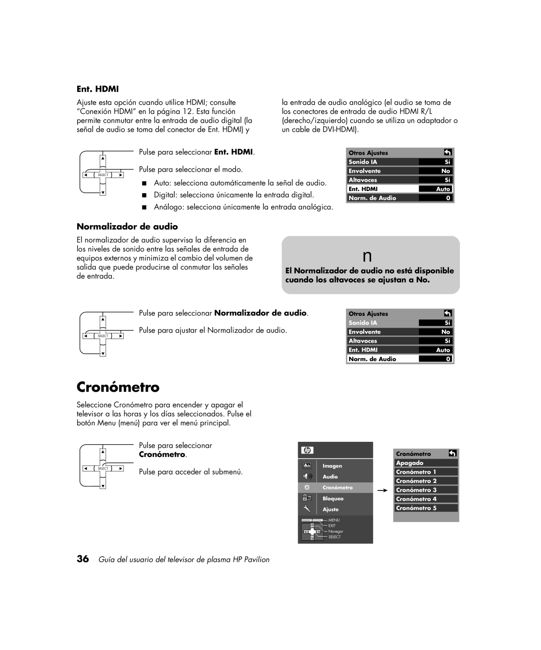 HP PE4200N 42 inch manual Cronómetro, Ent. Hdmi, Normalizador de audio 