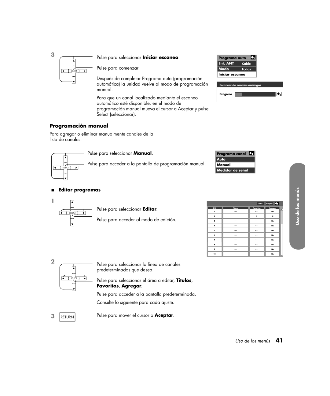 HP PE4200N 42 inch Programación manual, Editar programas 