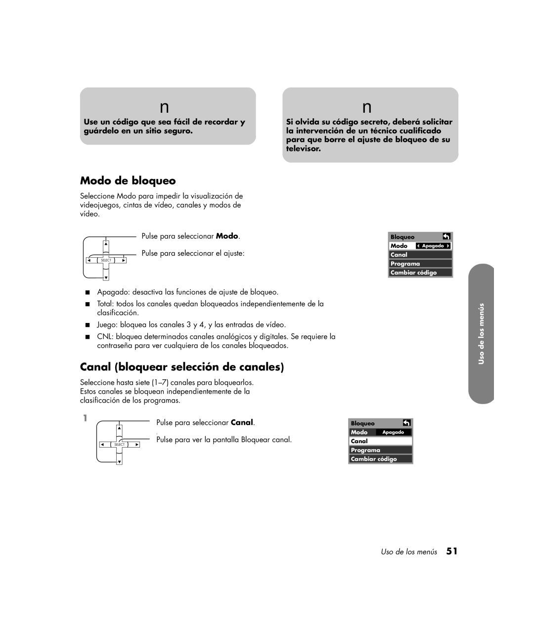 HP PE4200N 42 inch manual Modo de bloqueo, Canal bloquear selección de canales 